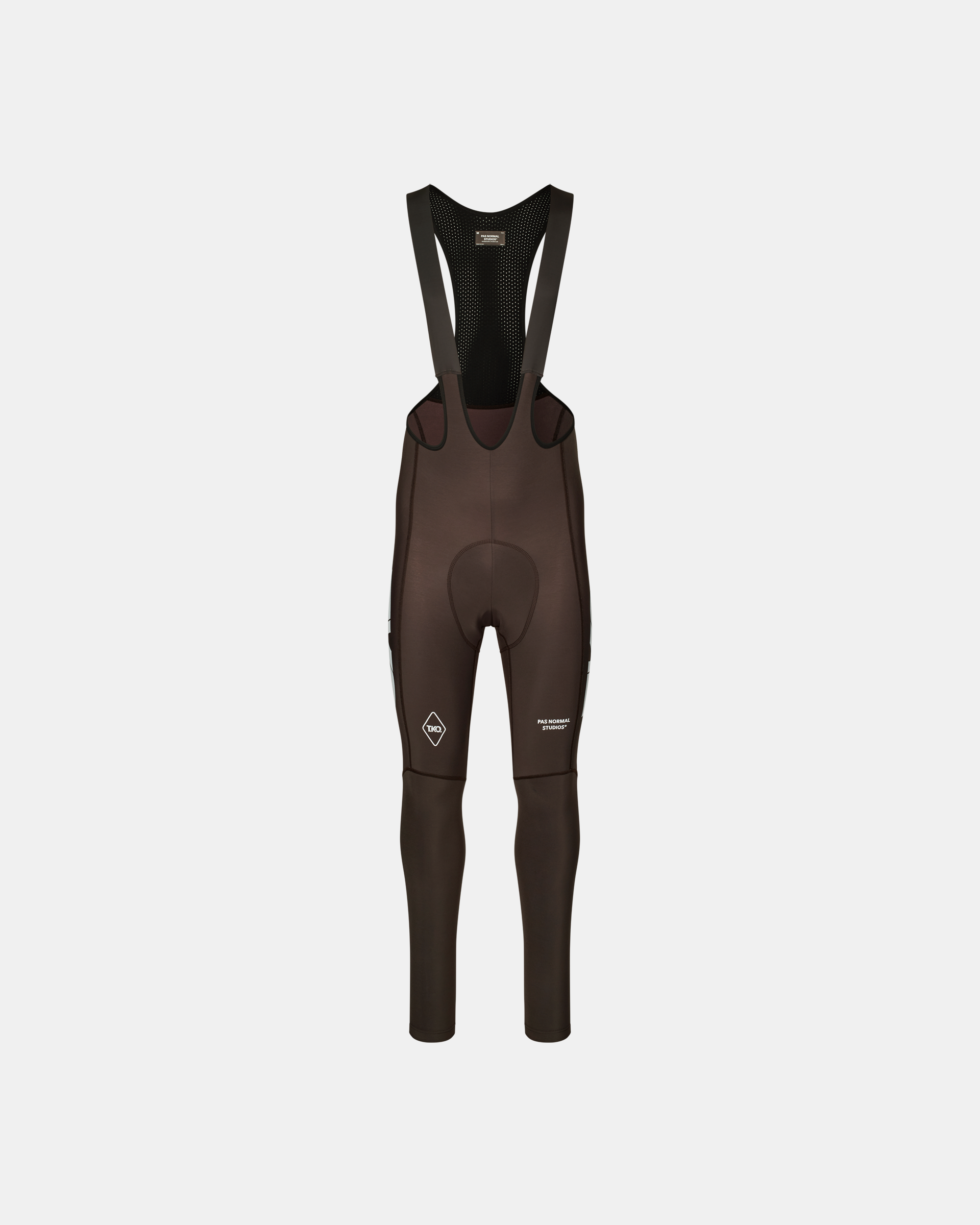 Dark Purple T.K.O. Essential Thermal Long cycling bibs, front flat lay with mesh bib panel and white diamond logo