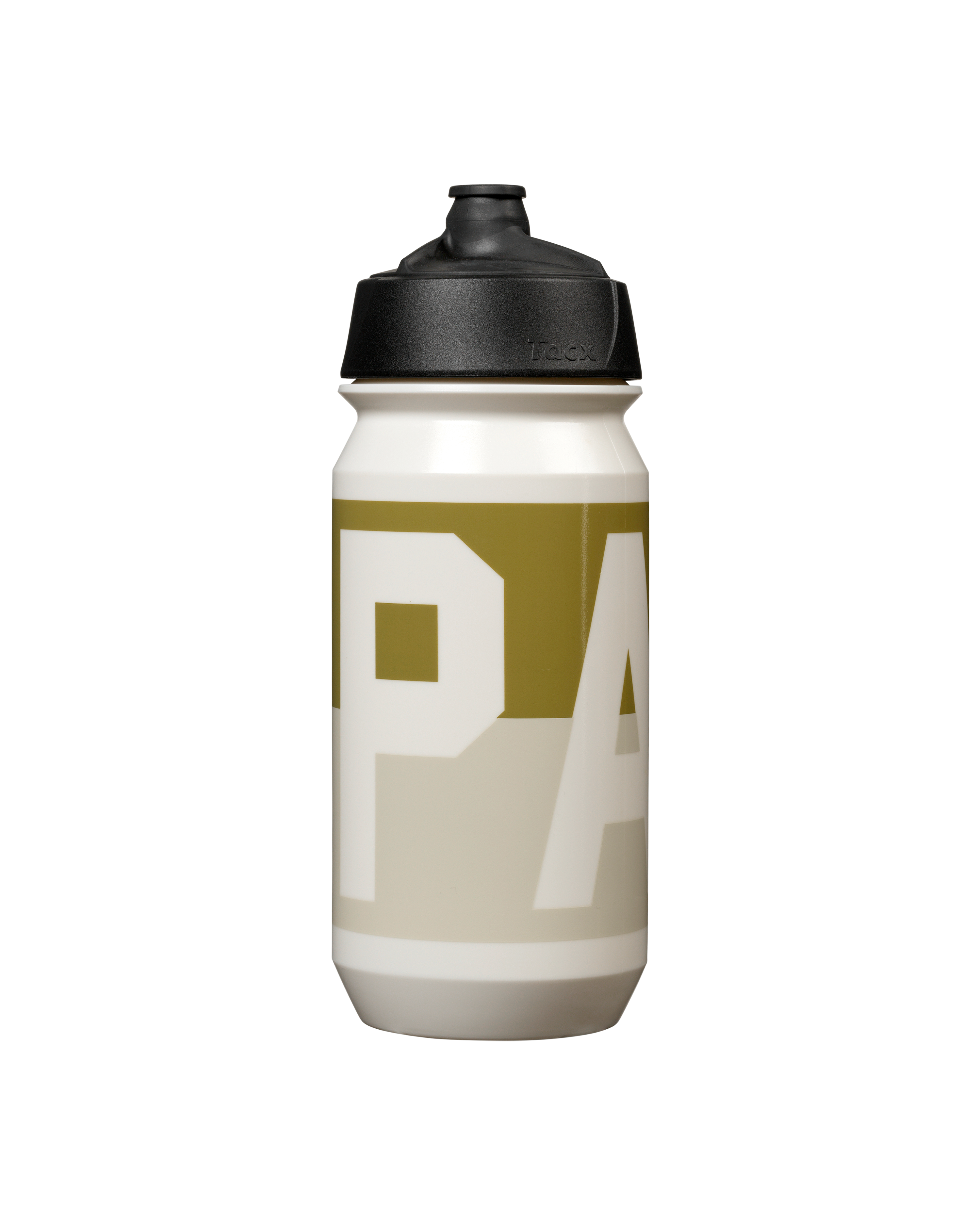Off White PAS cycling bidon, front view with olive and white large-letter graphic print and black Tacx cap