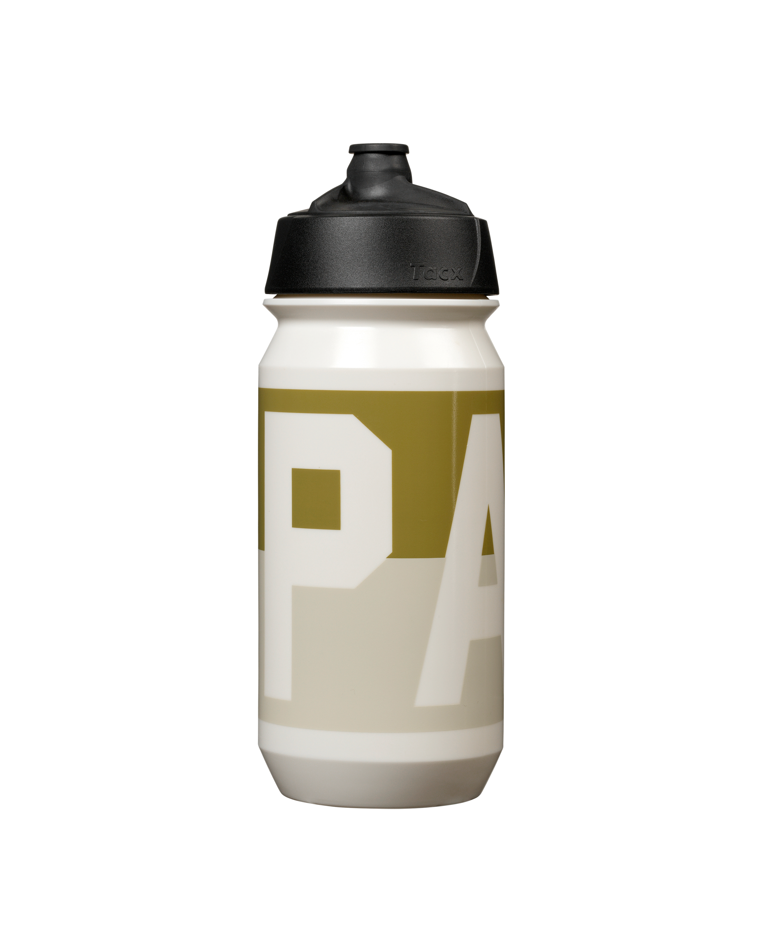Off White PAS cycling bidon, front view with olive and white large-letter graphic print and black Tacx cap