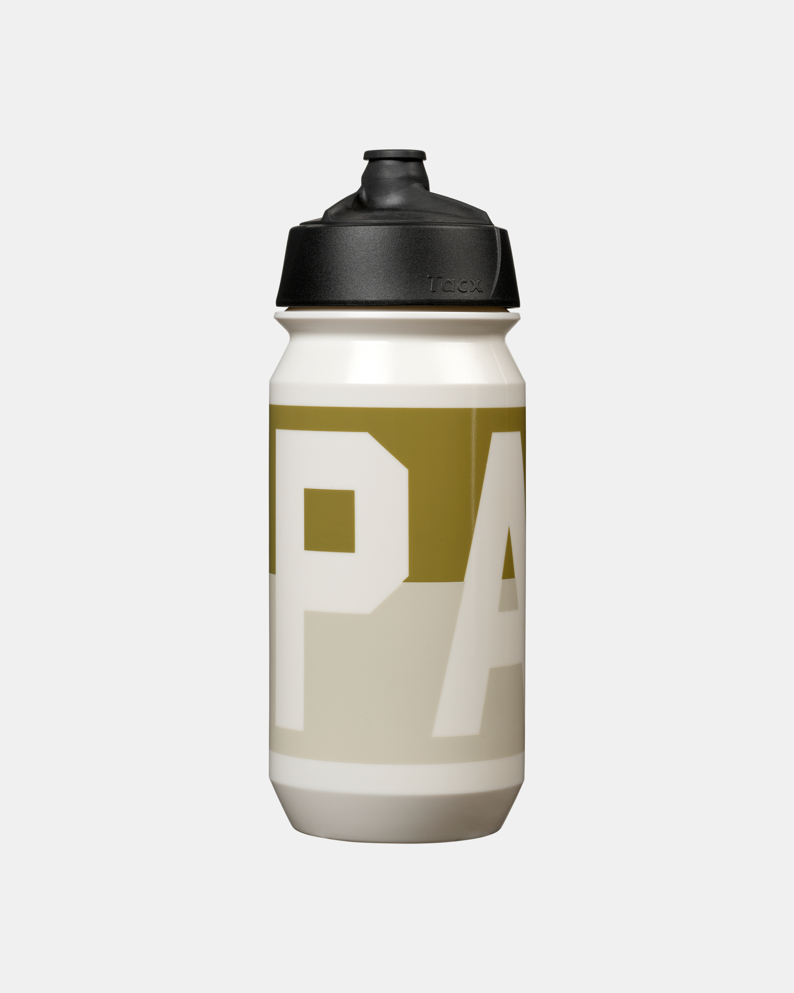 Off White PAS cycling bidon, front view with olive and white large-letter graphic print and black Tacx cap