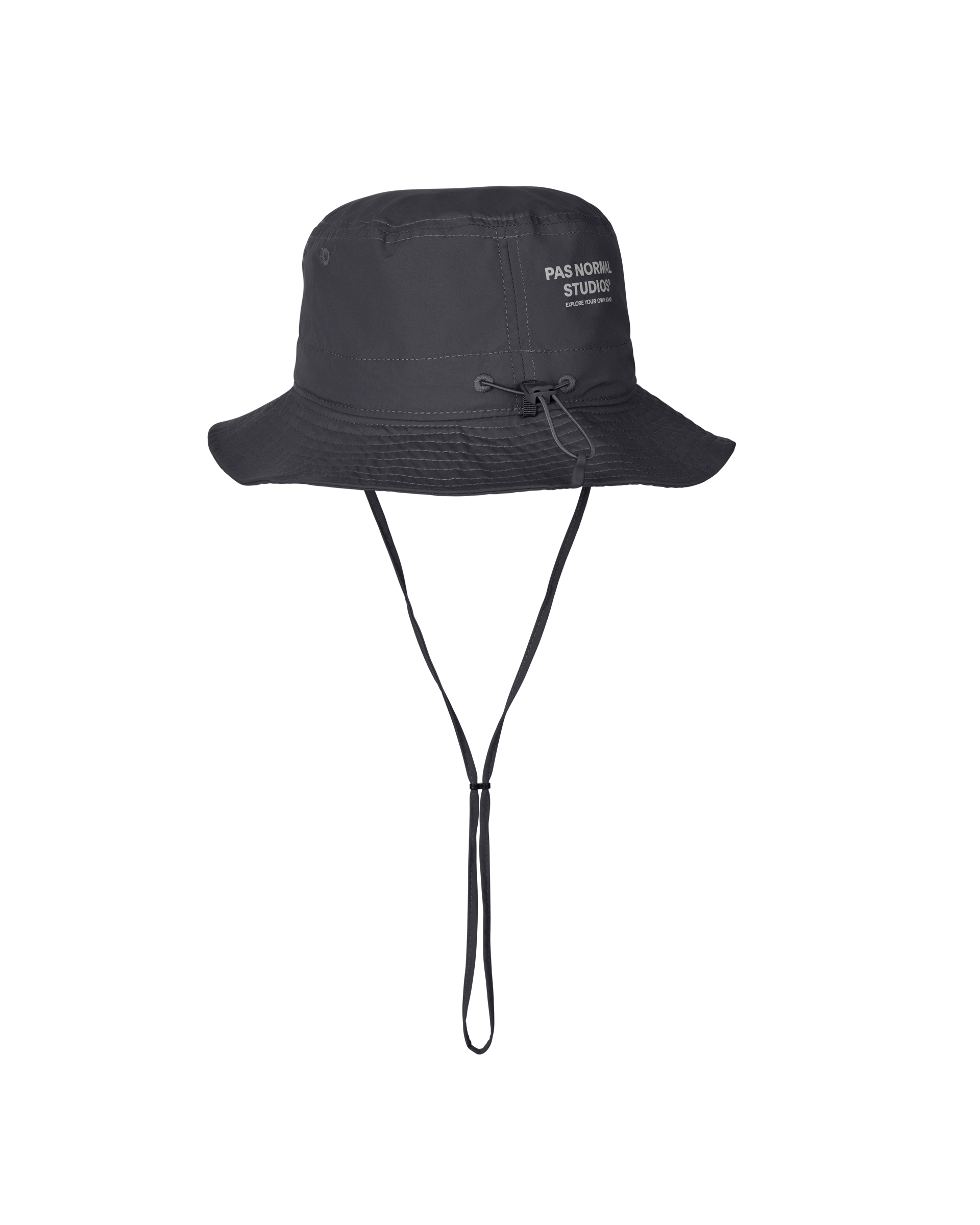 Grey Off-Race Tech bucket hat, front view with chin strap and white logo patch