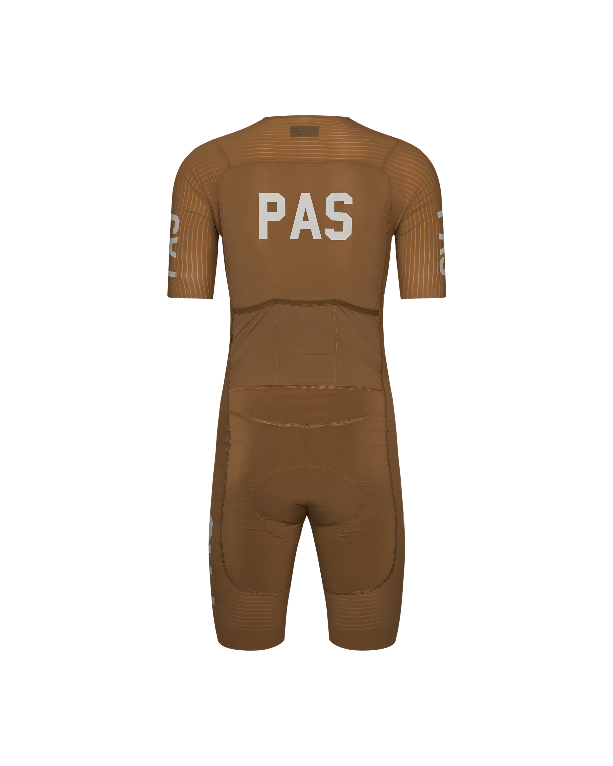 Brown PAS Mechanism Pro speedsuit, rear view with white PAS logo and striped sleeve detail