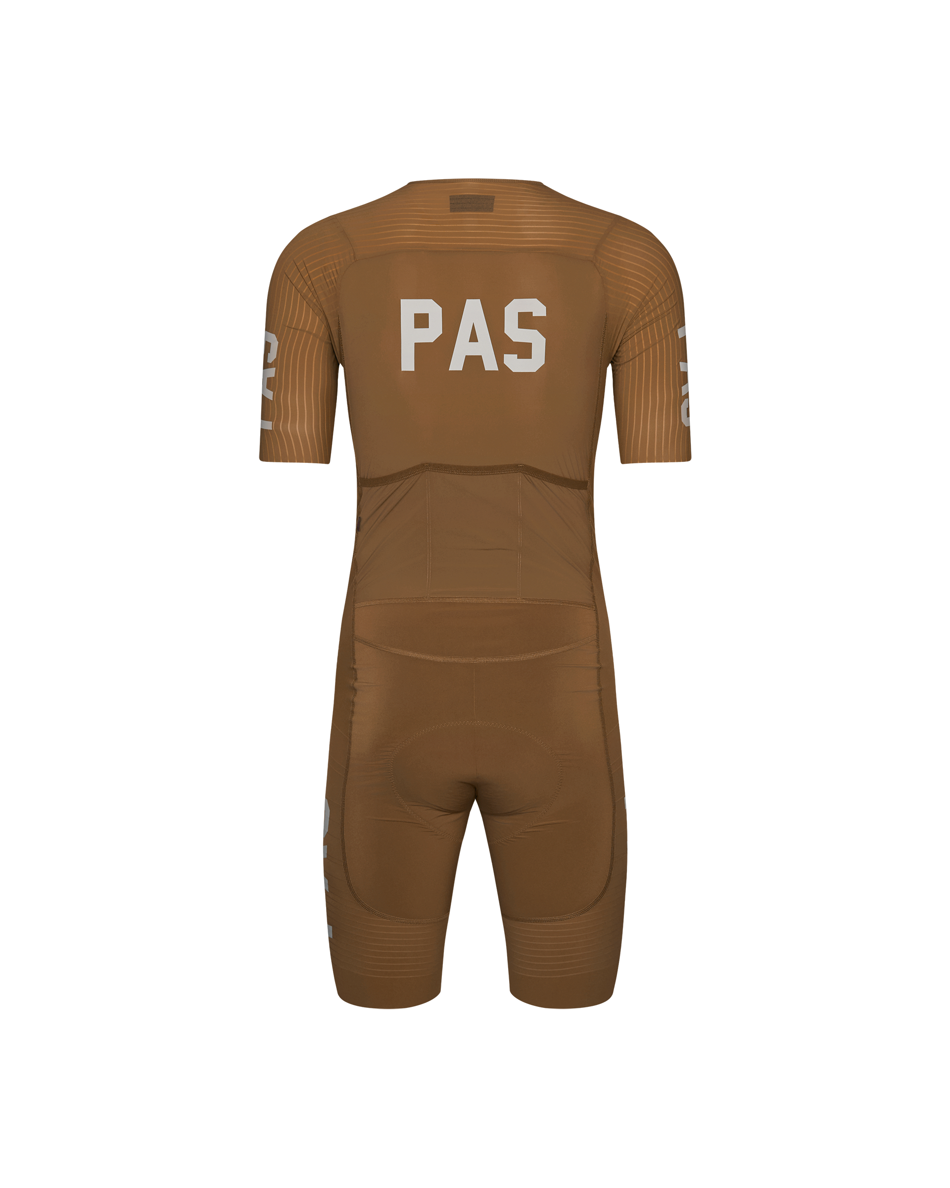 Brown PAS Mechanism Pro speedsuit, rear view with white PAS logo and striped sleeve detail
