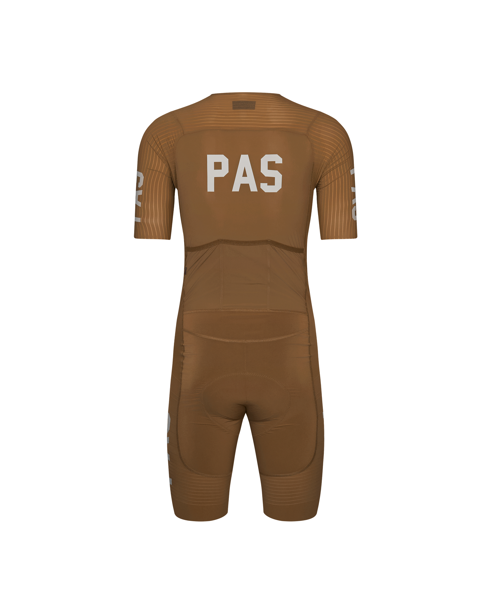 Brown PAS Mechanism Pro speedsuit, rear view with white PAS logo and striped sleeve detail