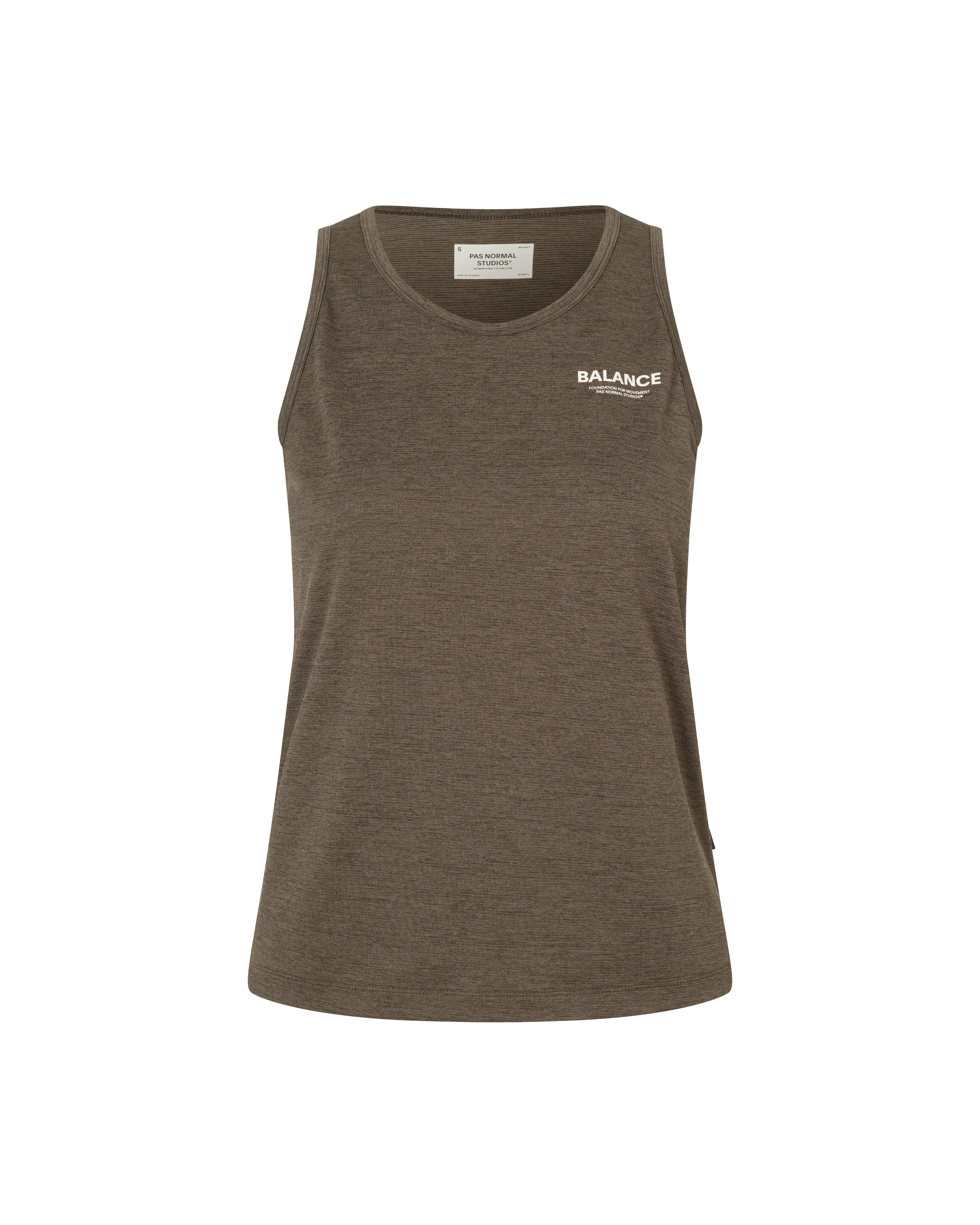 Brown Balance singlet, front flat lay with white chest logo