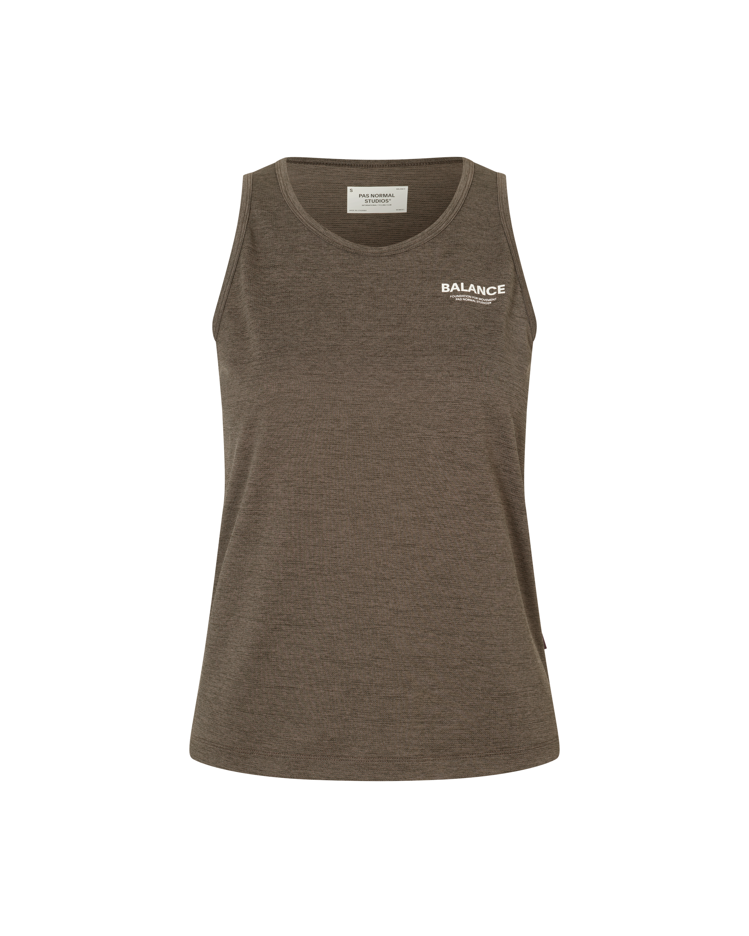 Brown Balance singlet, front flat lay with white chest logo