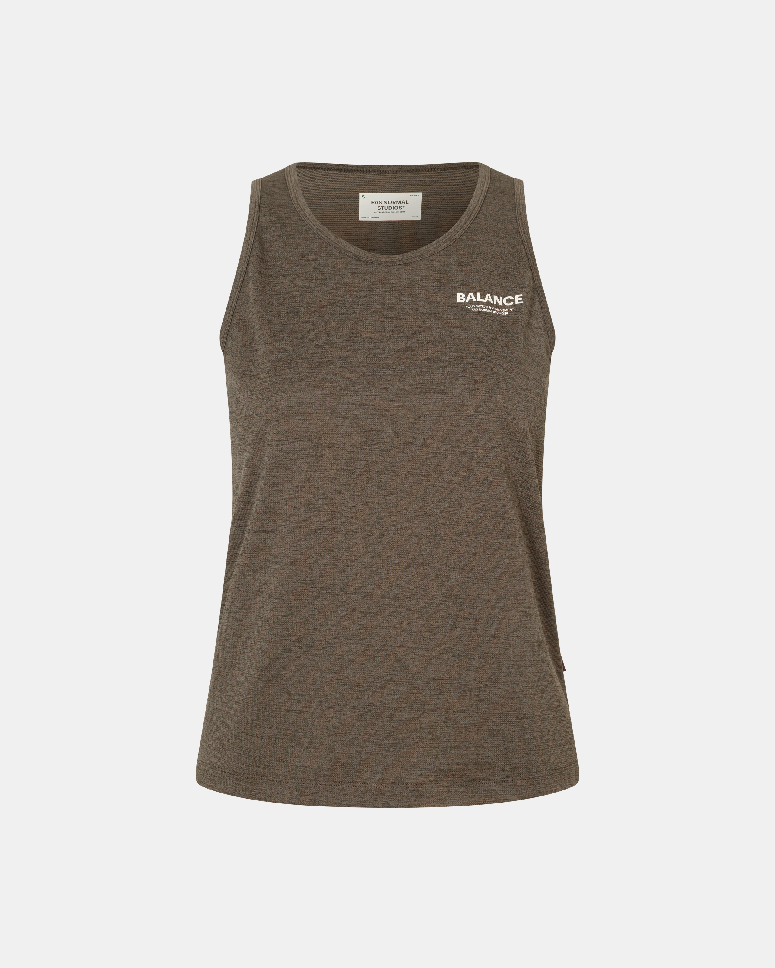 Brown Balance singlet, front flat lay with white chest logo