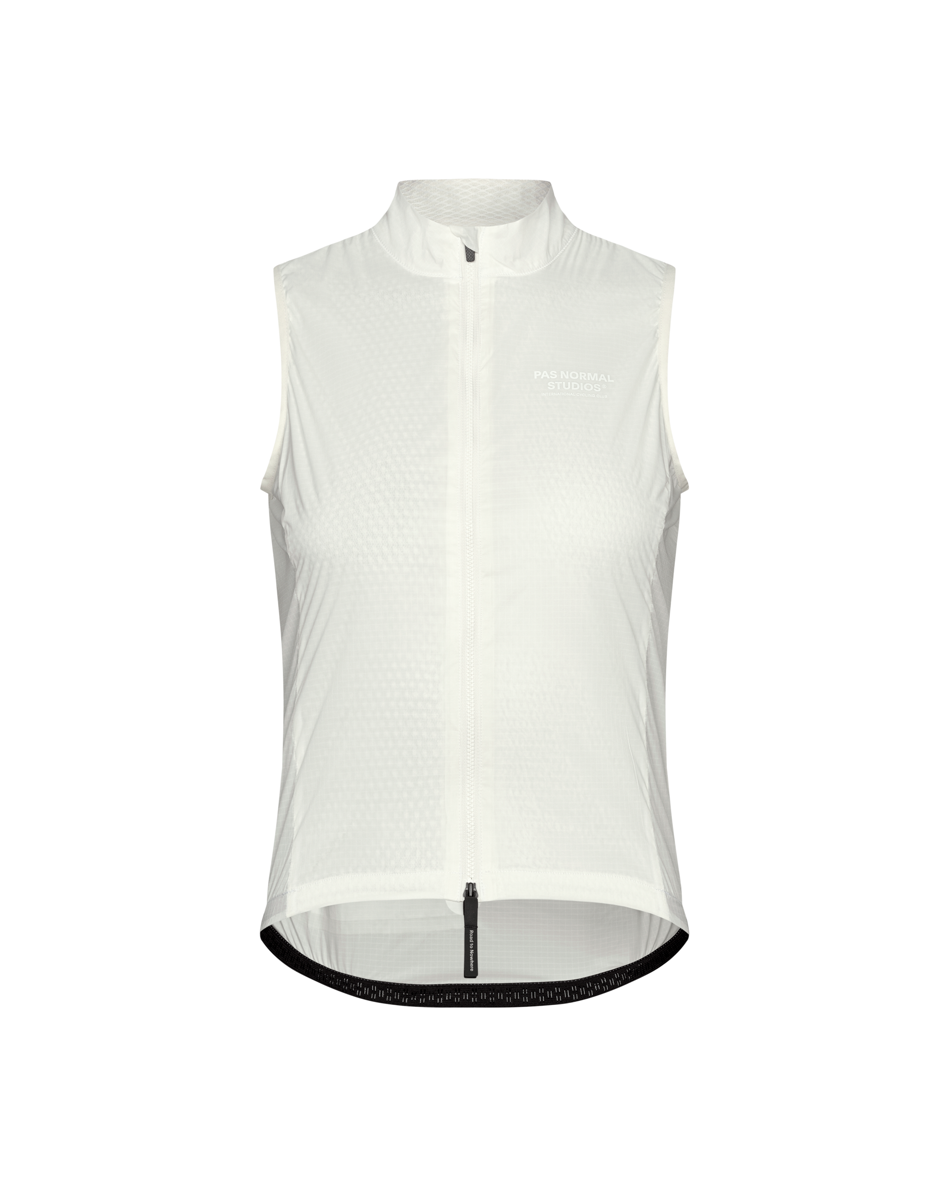 Off White Essential cycling gilet, front flat lay with full-length zip and black branded hem trim