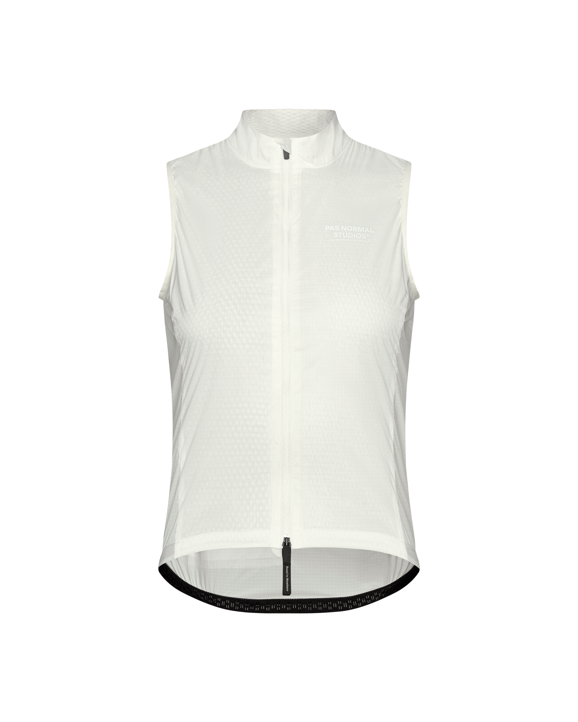 Off White Essential cycling gilet, front flat lay with full-length zip and black branded hem trim