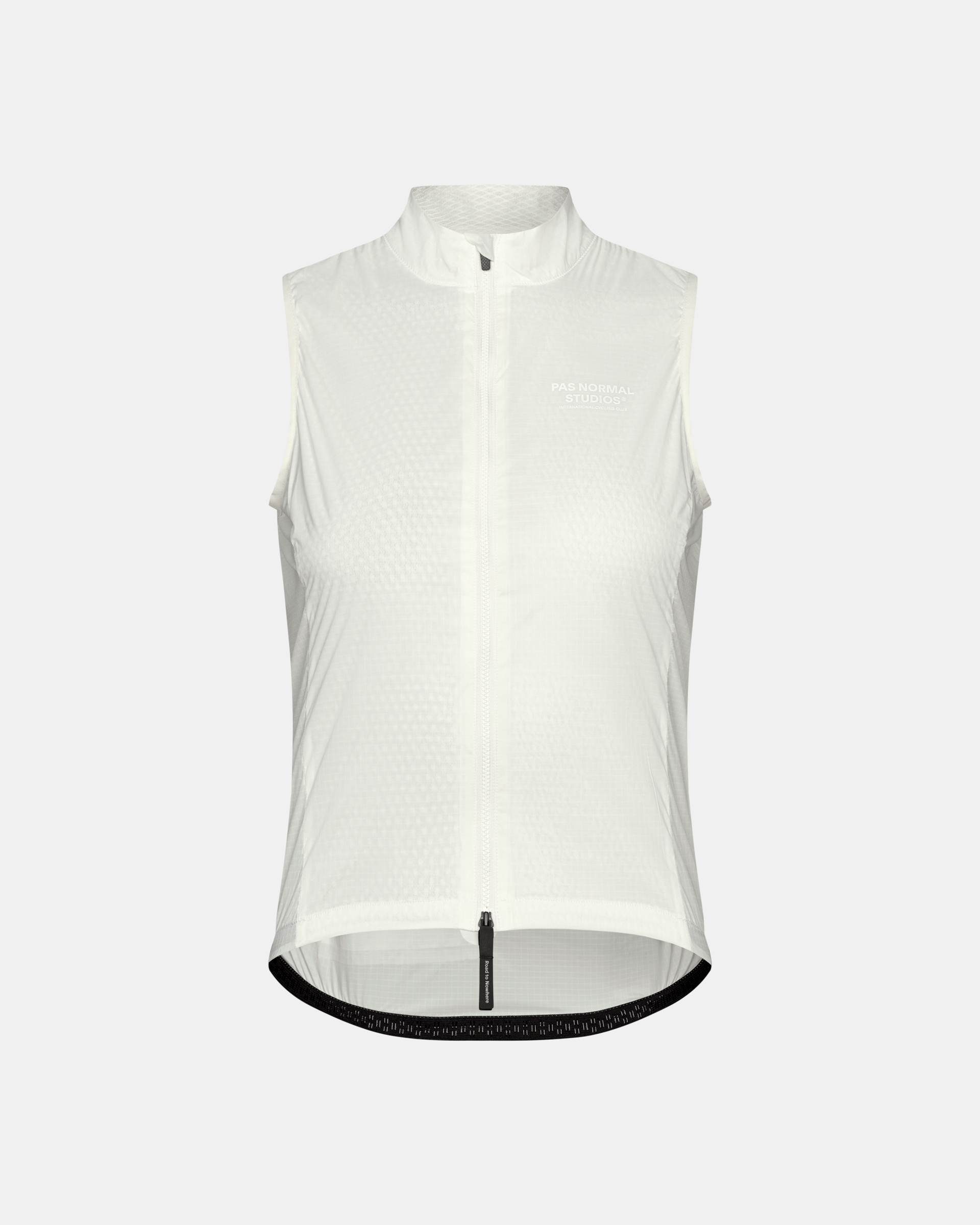 Off White Essential cycling gilet, front flat lay with full-length zip and black branded hem trim