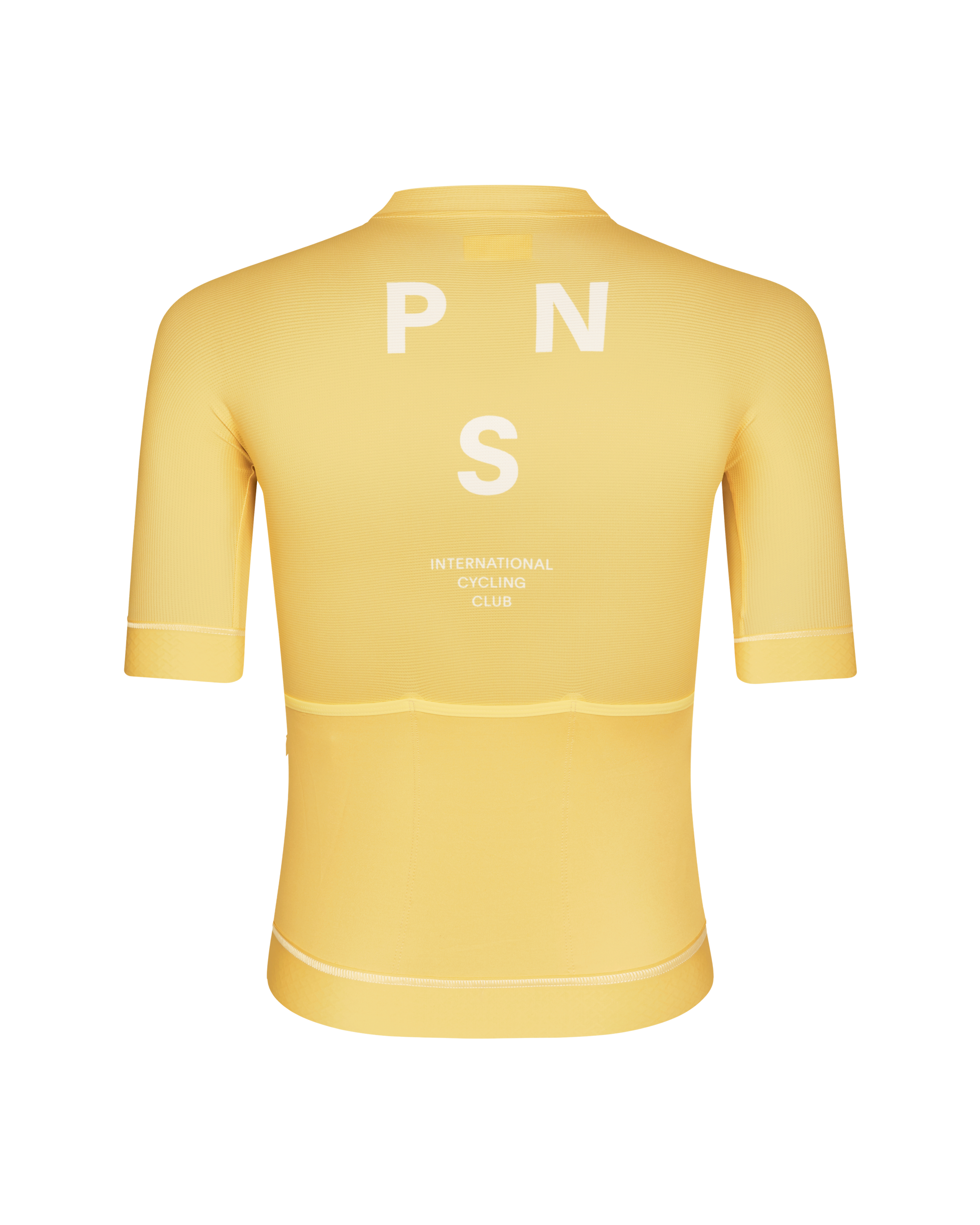Yellow Mechanism cycling jersey, rear view with white PNS lettering and contrast sleeve bands