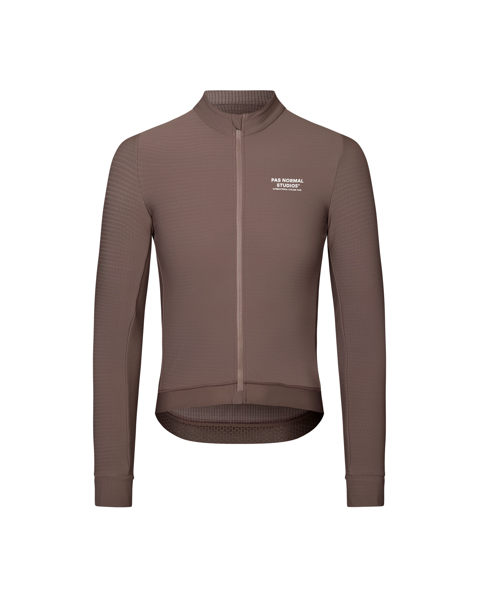 Dusty Plum Essential long sleeve cycling jersey, front flat lay with white chest logo