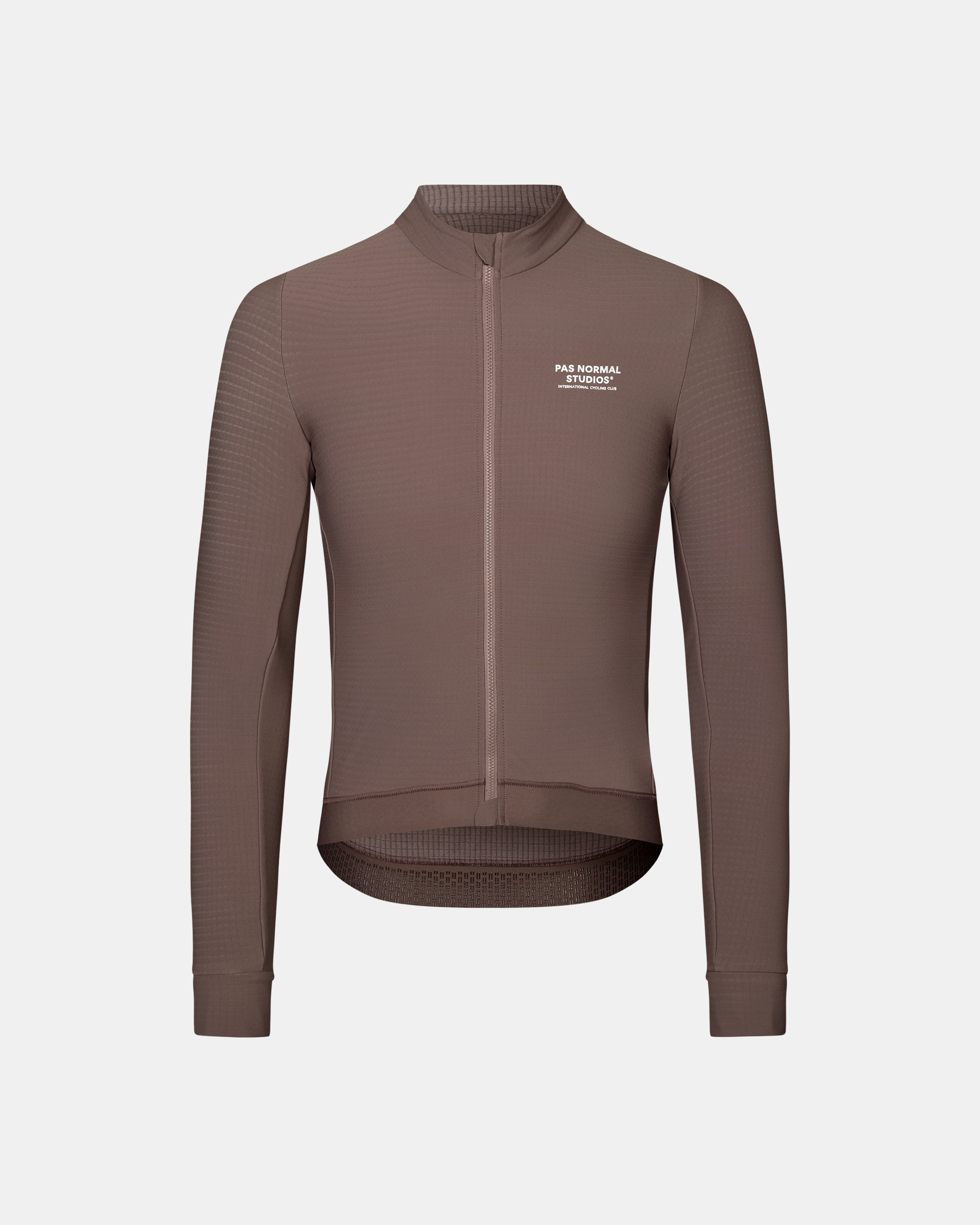 Dusty Plum Essential long sleeve cycling jersey, front flat lay with white chest logo