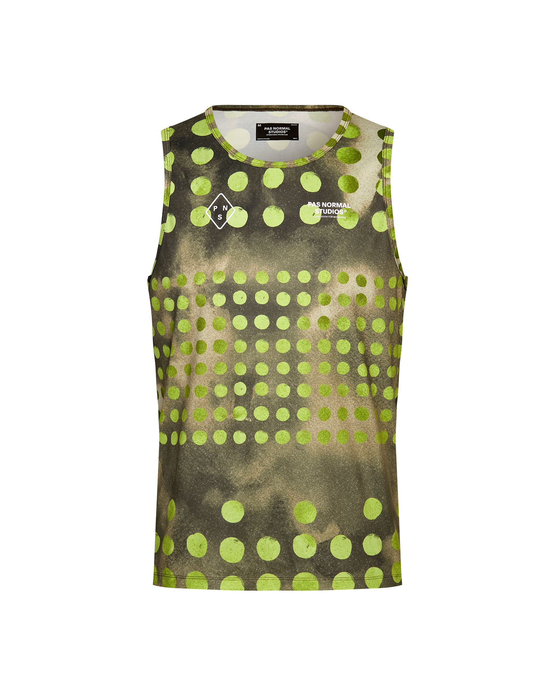 Green T.K.O. Balance singlet, front view with polka dot pattern