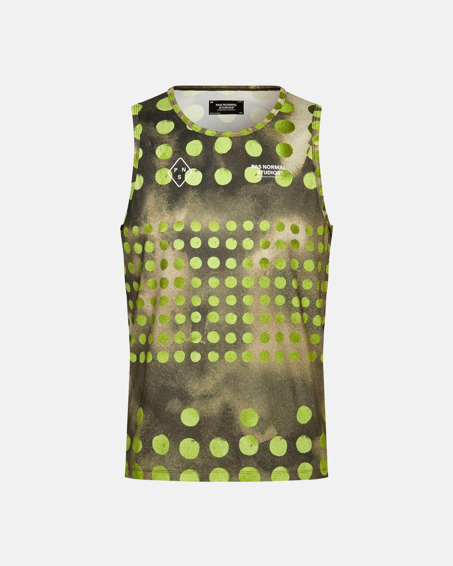 Green T.K.O. Balance singlet, front view with polka dot pattern