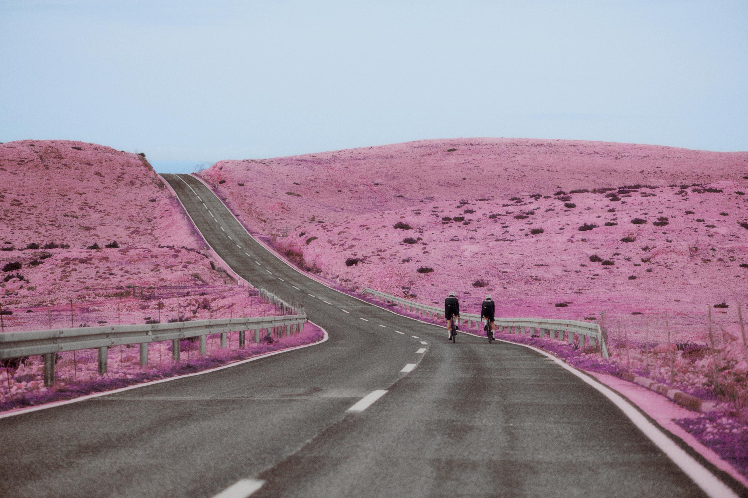 Two cyclists on winding desert road with pink-tinted landscape and rolling hills