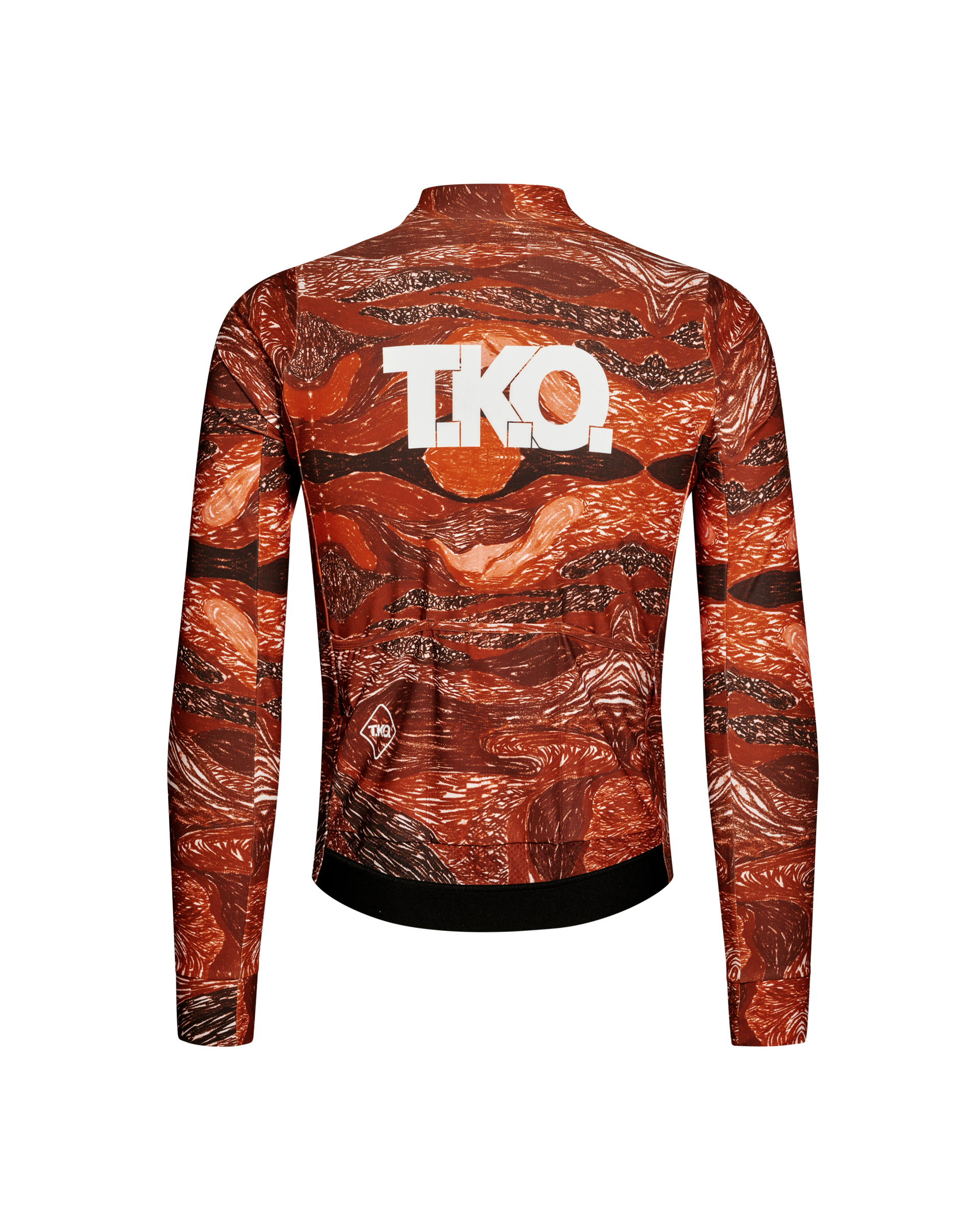 Red T.K.O. long sleeve cycling jersey, rear flat lay with swirling AOP print and white chest logo