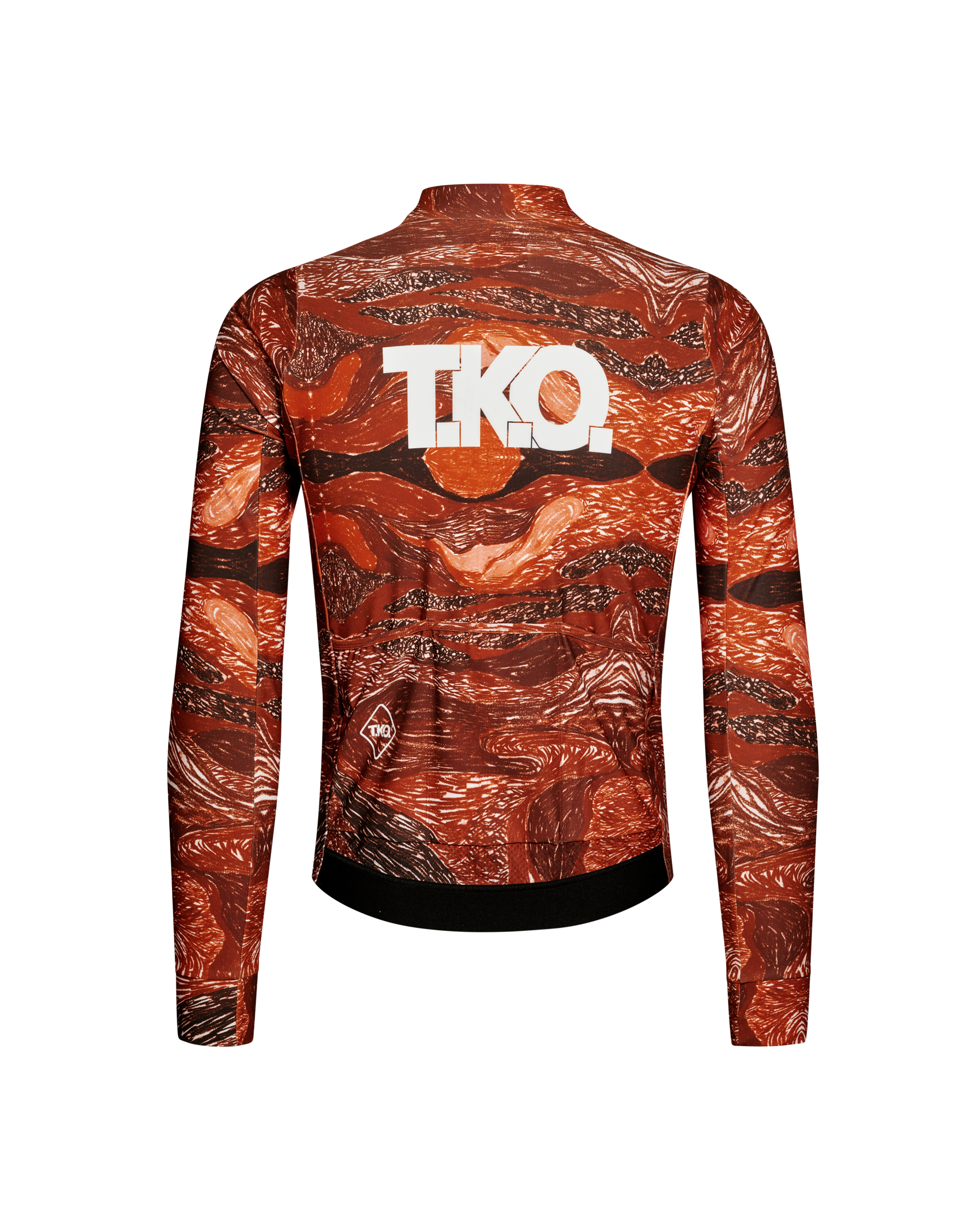 Red T.K.O. long sleeve cycling jersey, rear flat lay with swirling AOP print and white chest logo