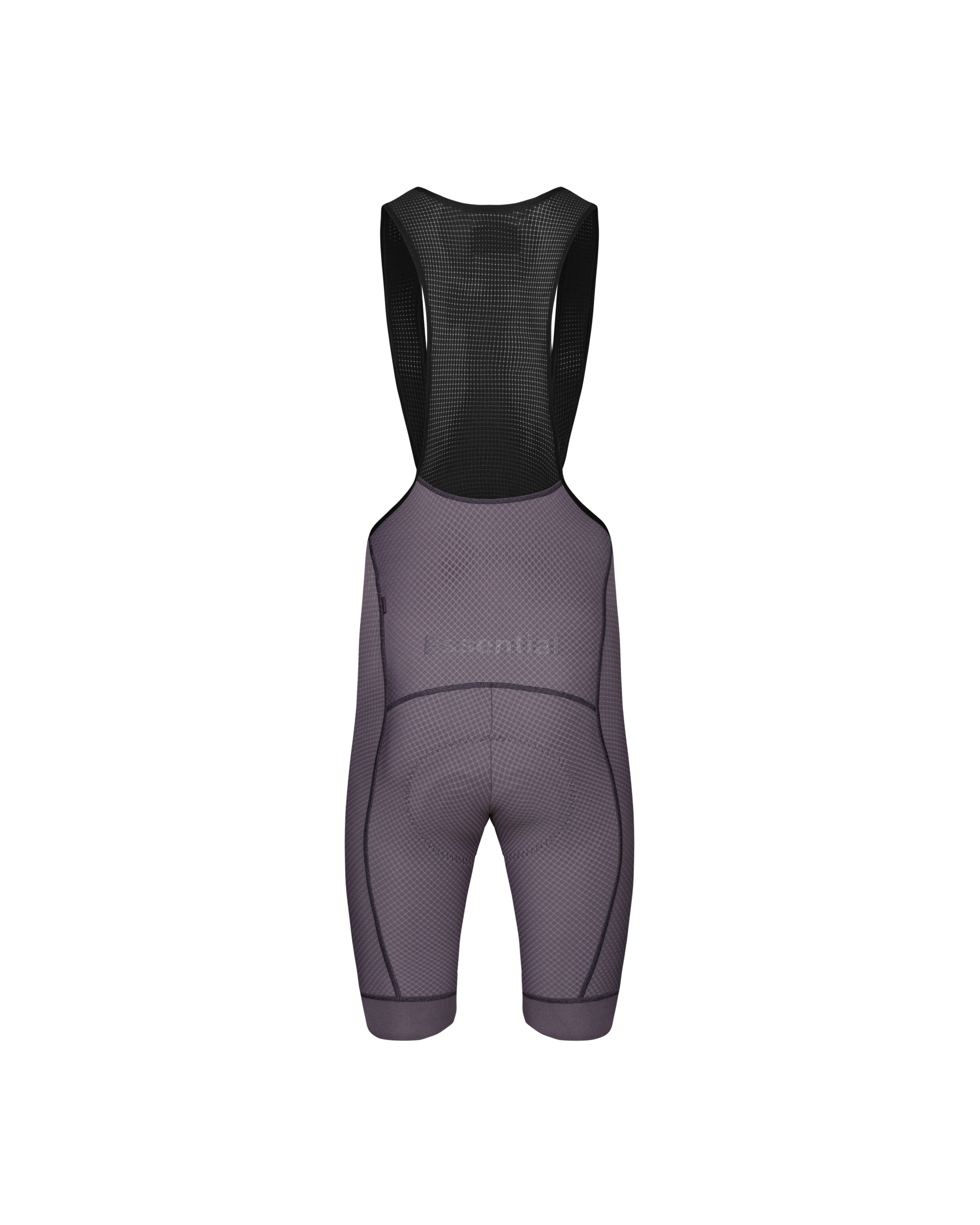Grey Essential cycling bibs, rear flat lay with black mesh bib and textured fabric panels