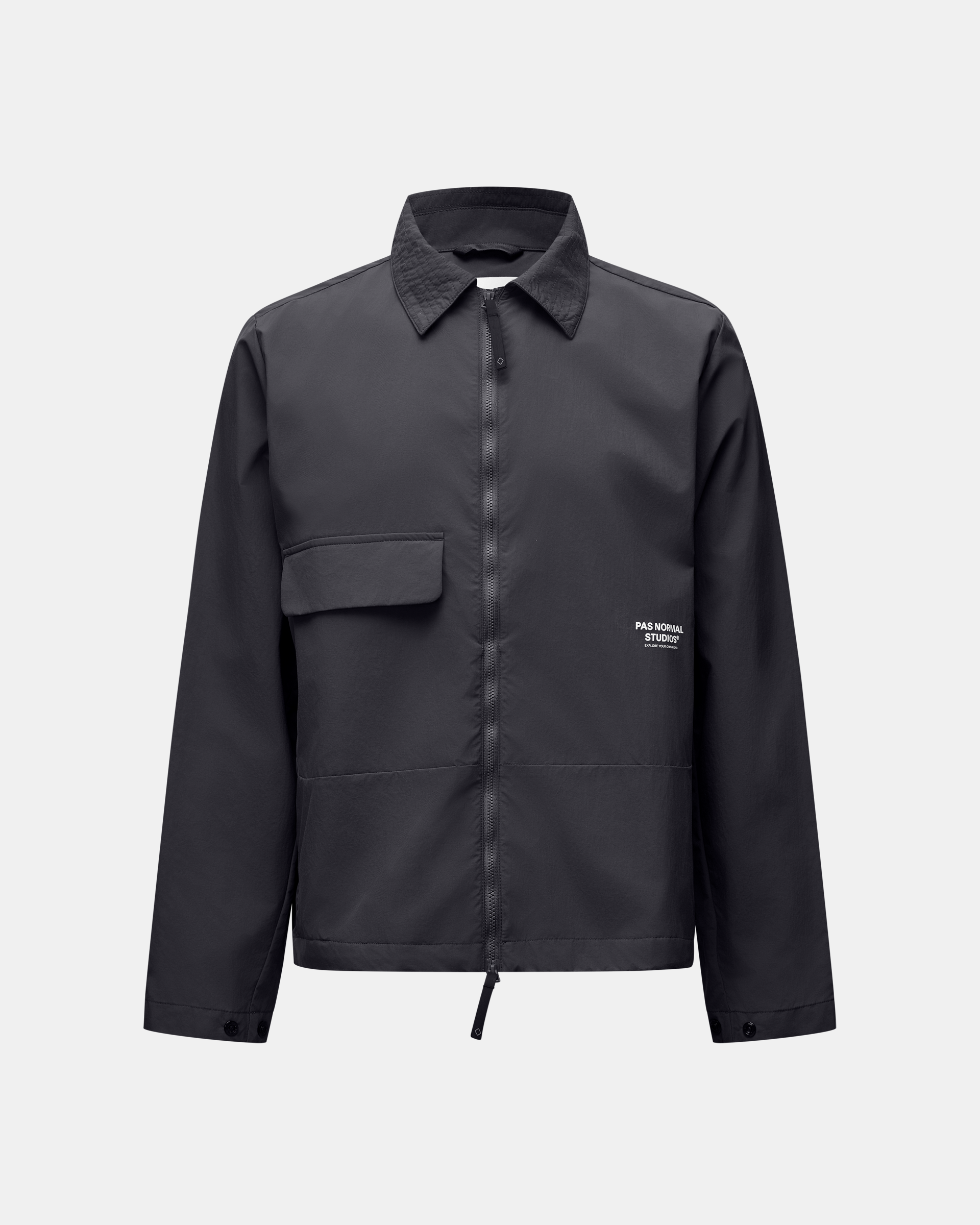 Steel Off-Race Utility jacket, front view with chest pocket and full zip