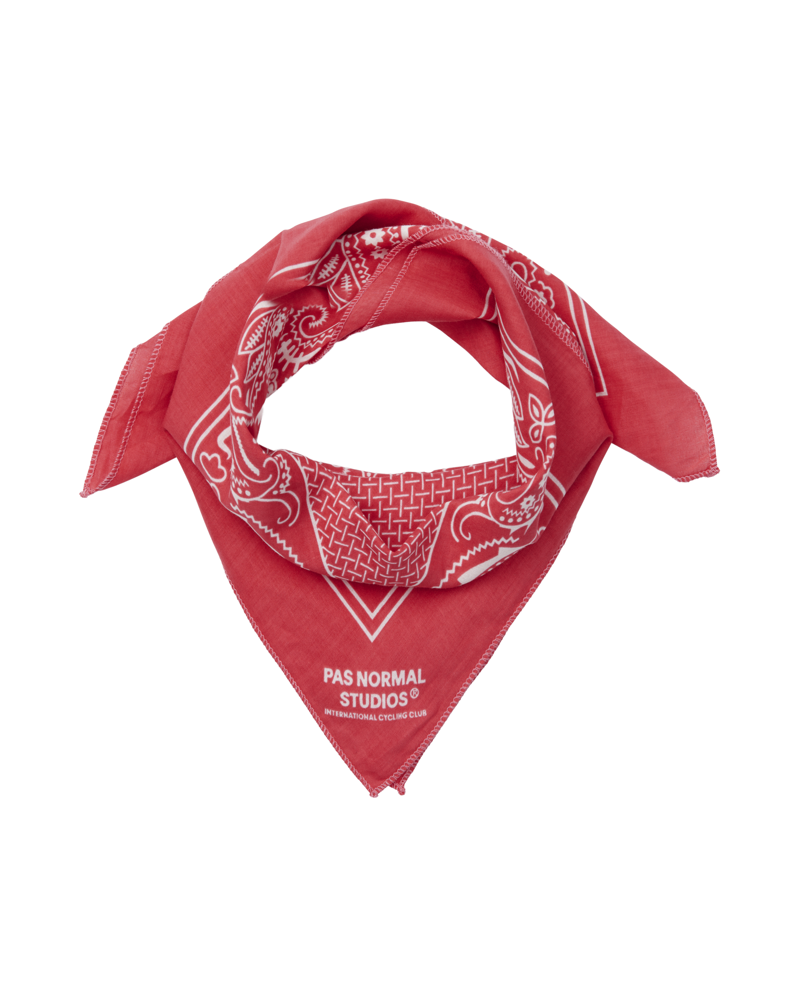 Red Off-Race bandana, flat lay with white paisley print and logo corner