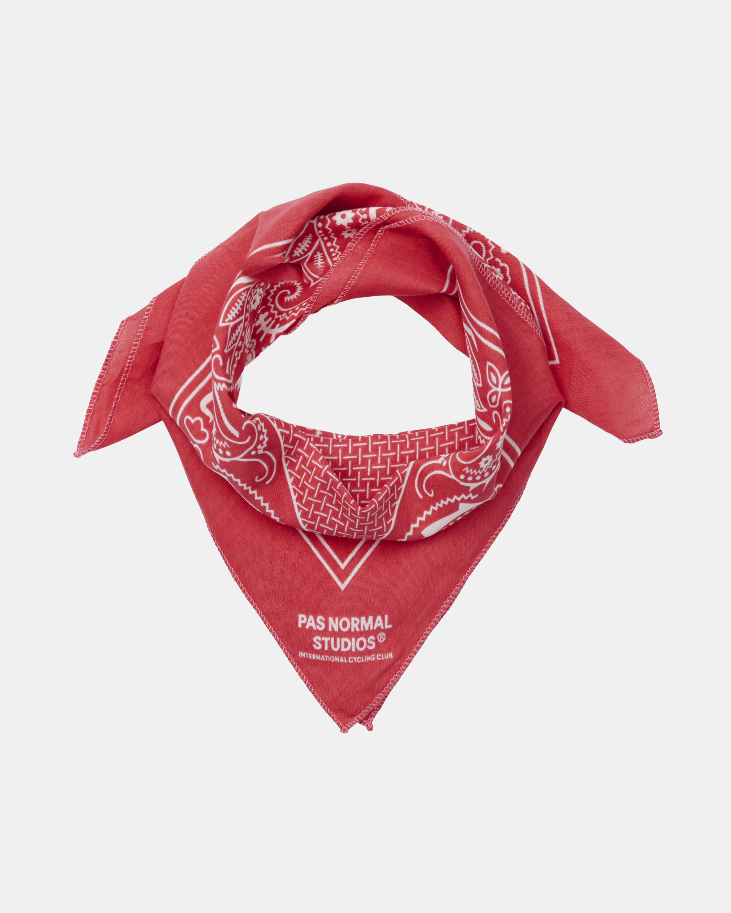 Red Off-Race bandana, flat lay with white paisley print and logo corner