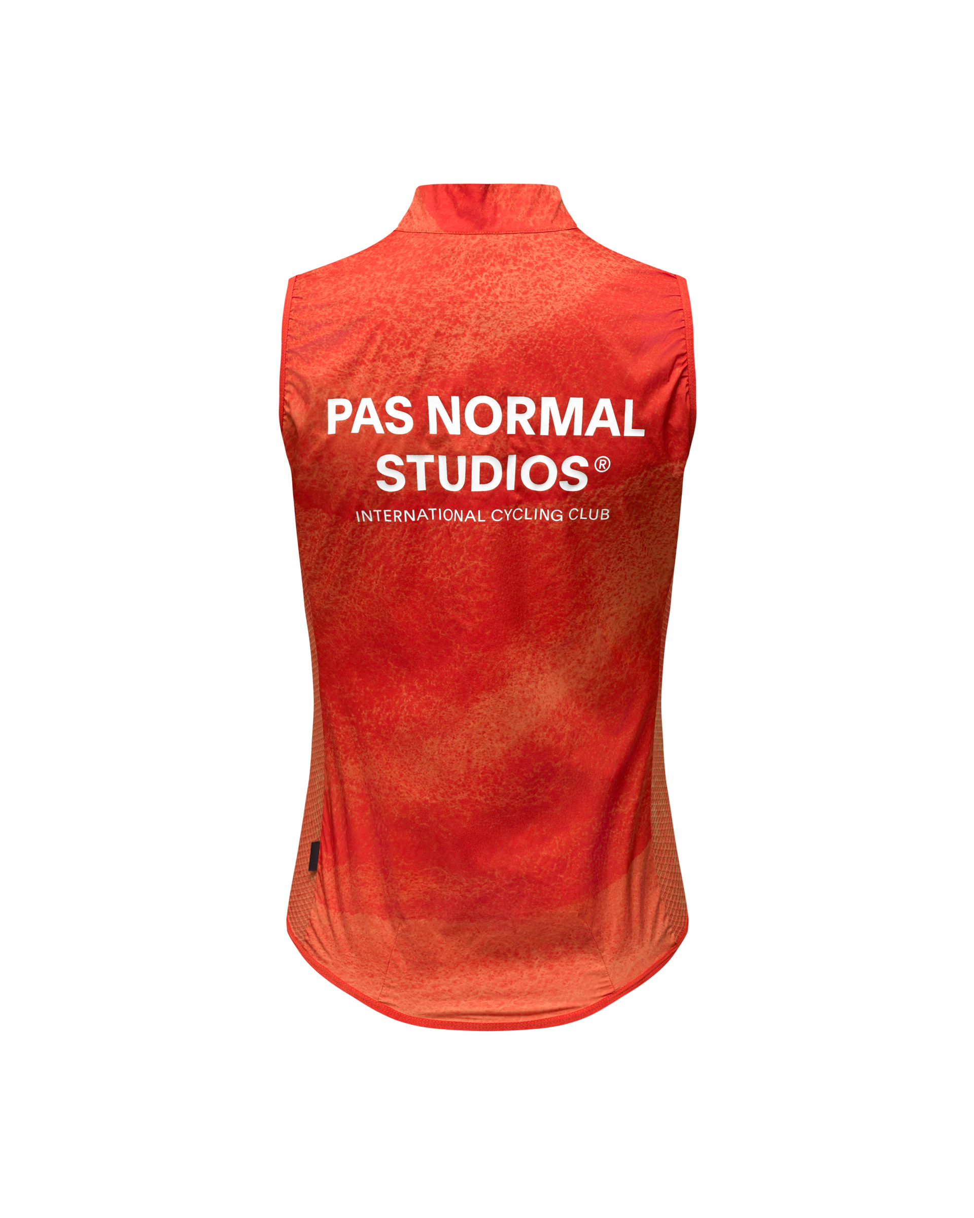 Orange Mechanism Stow Away gilet, rear view with white back print and mesh side panels