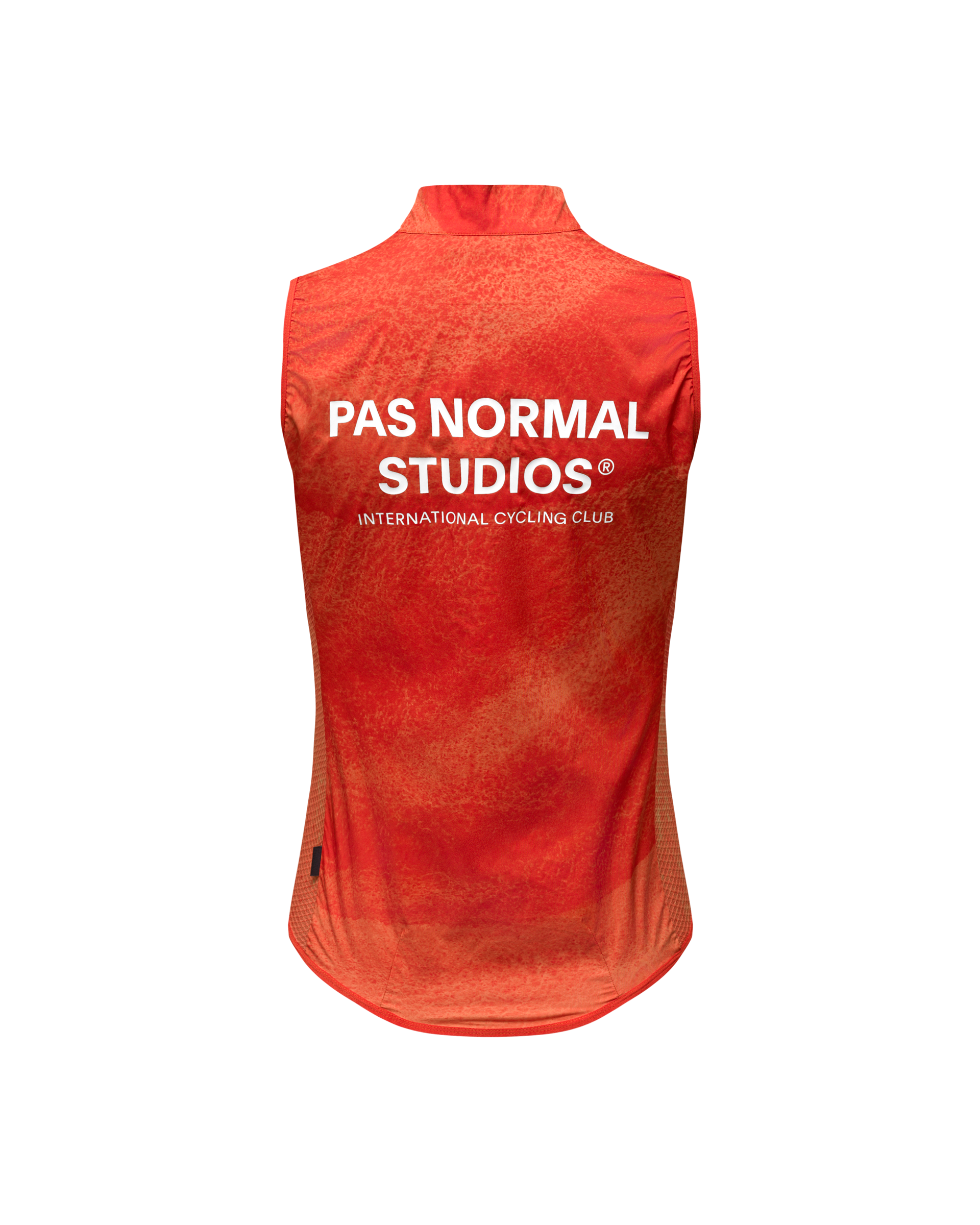 Orange Mechanism Stow Away gilet, rear view with white back print and mesh side panels