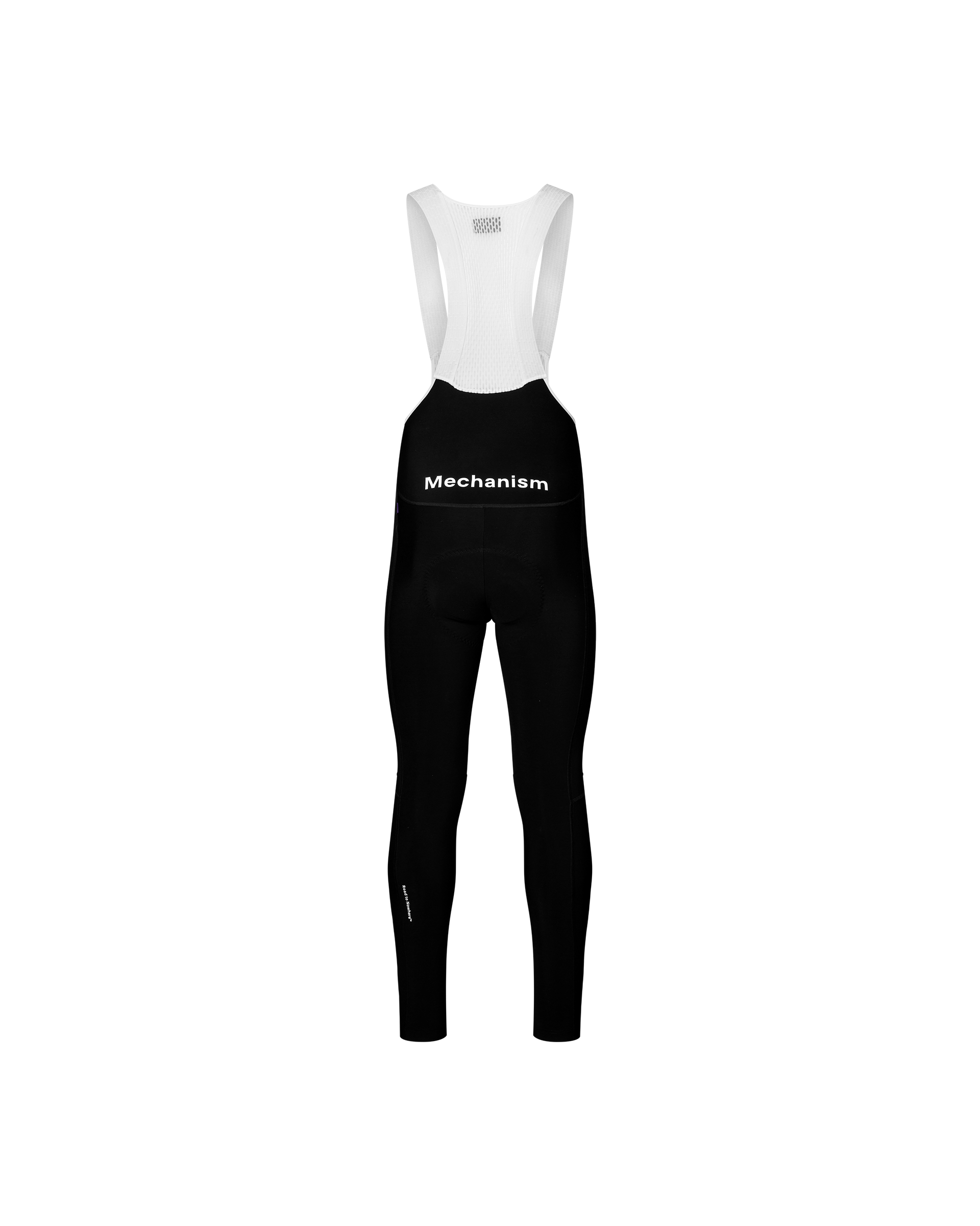 Black Mechanism cycling thermal long bibs, rear flat lay with white bib straps and white chest print