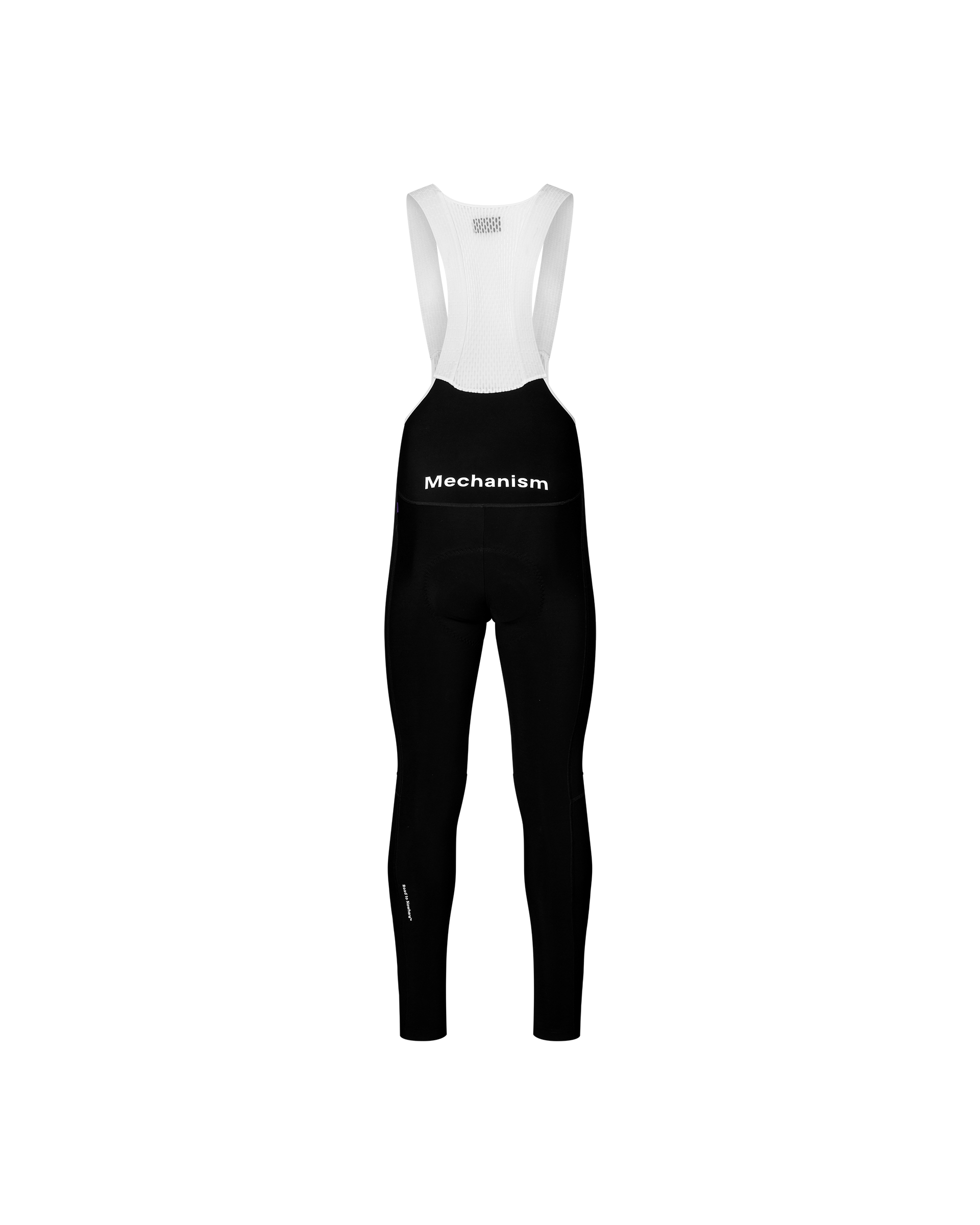 Black Mechanism cycling thermal long bibs, rear flat lay with white bib straps and white chest print