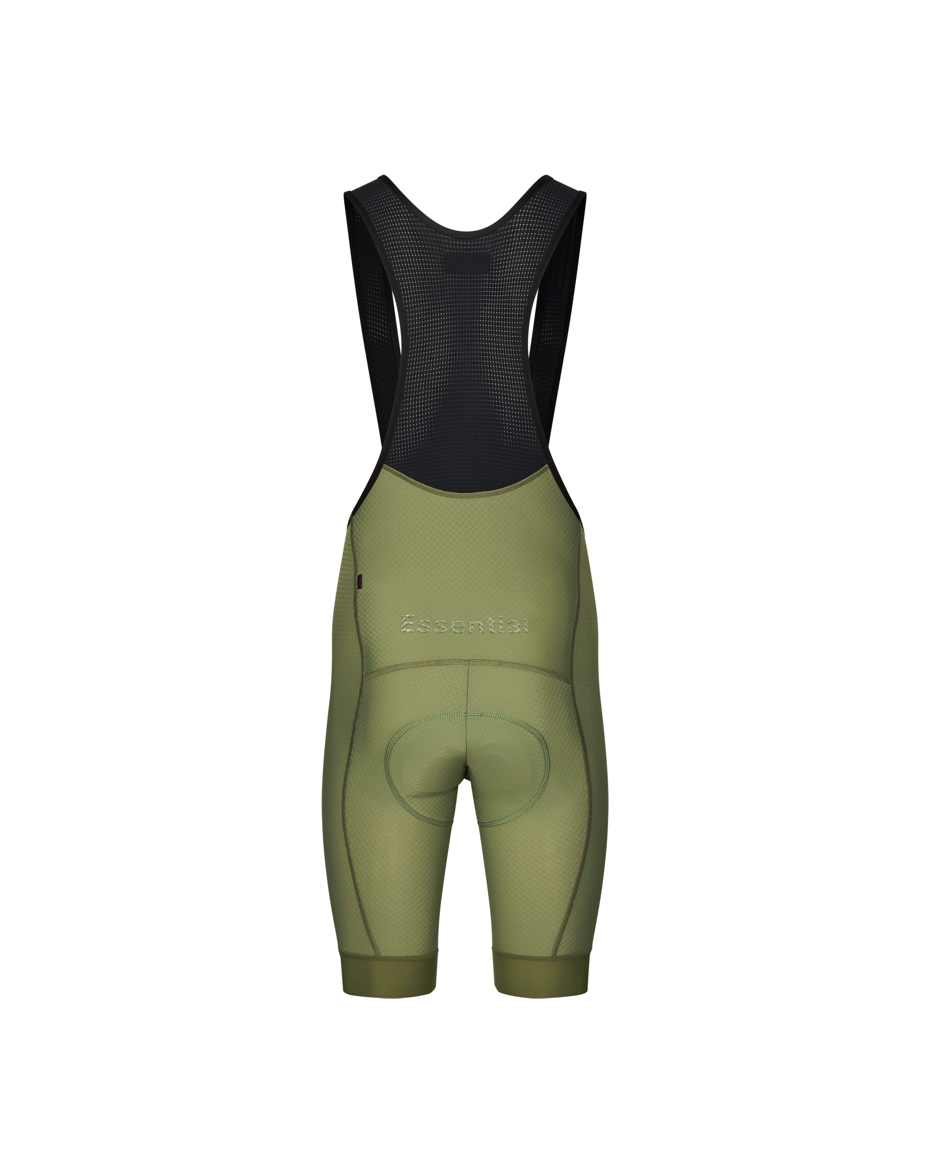 Light Olive Essential bibs, rear flat lay with black mesh bib straps and chamois pad outline