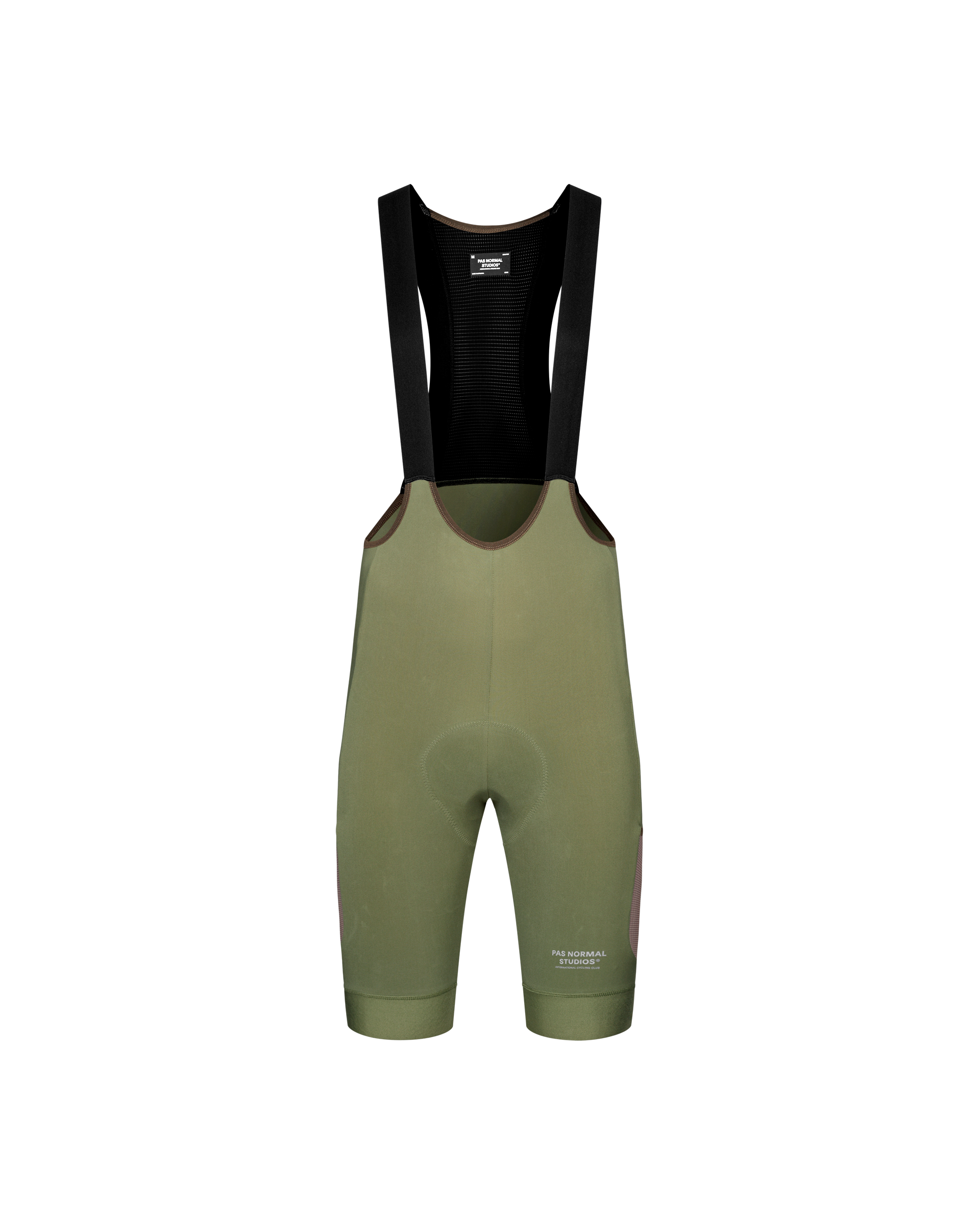 Light Olive Escapism Cargo cycling bibs, front flat lay with black mesh bib straps