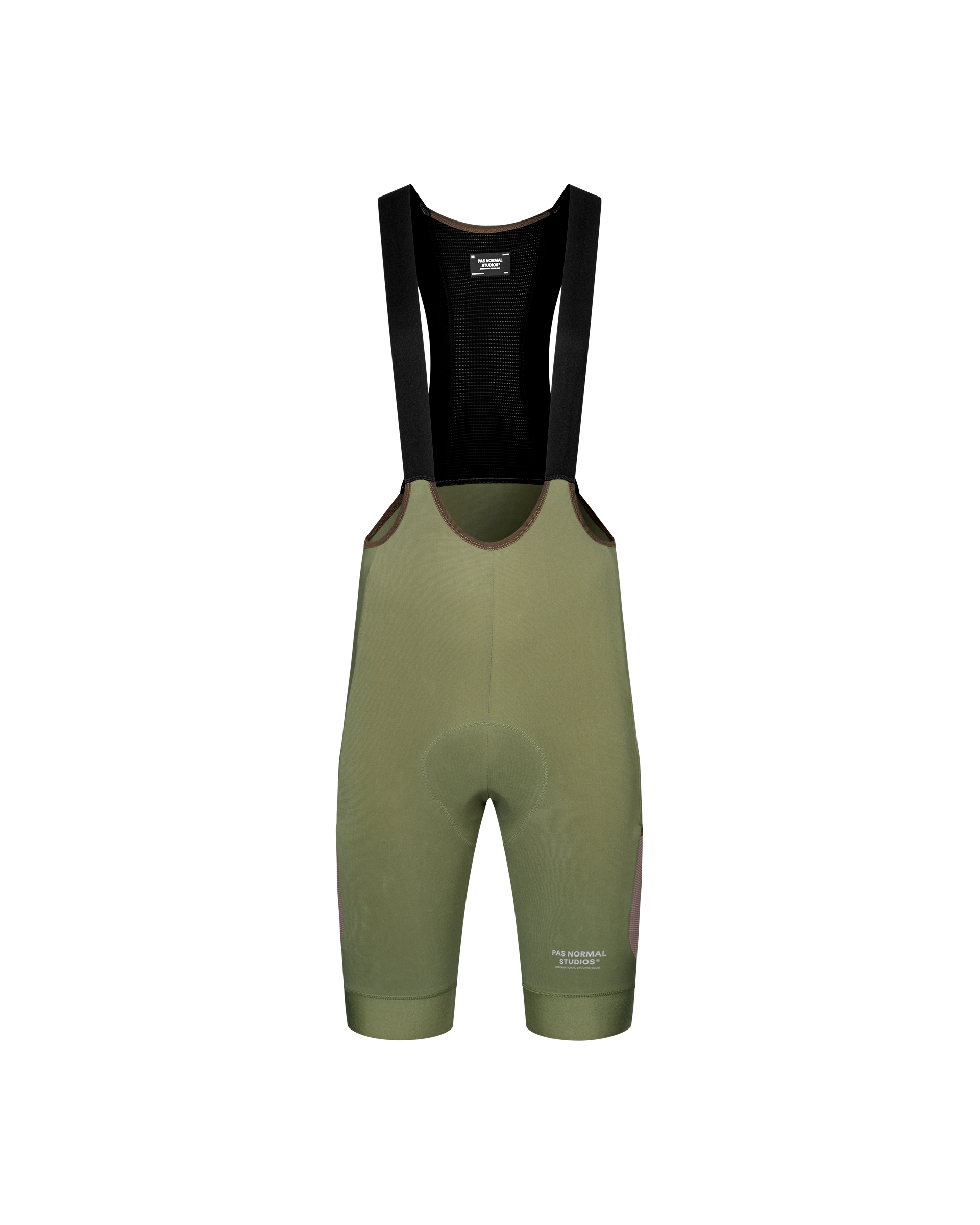 Light Olive Escapism Cargo cycling bibs, front flat lay with black mesh bib straps