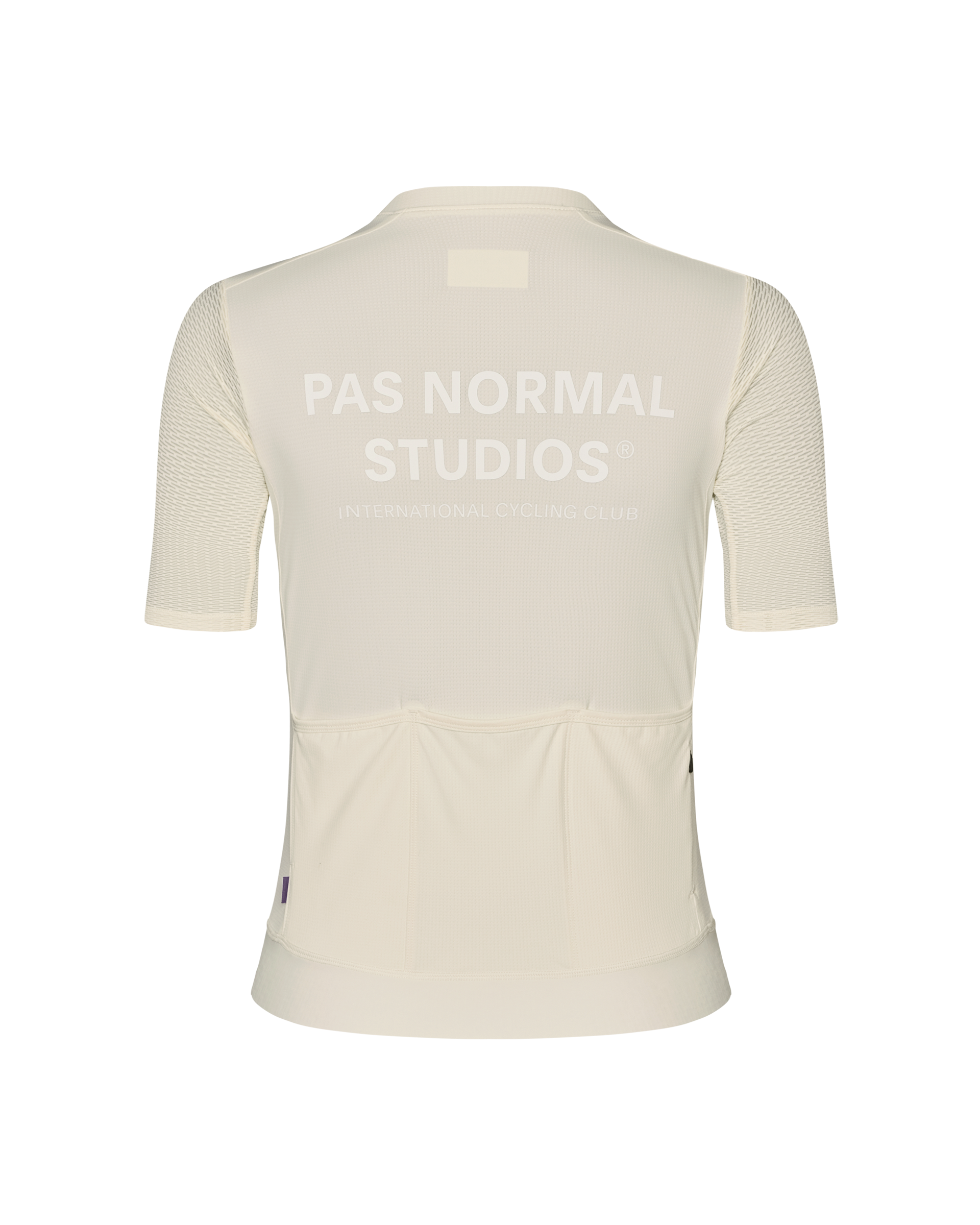 Off White Essential Light cycling jersey, rear view with mesh sleeves and back print