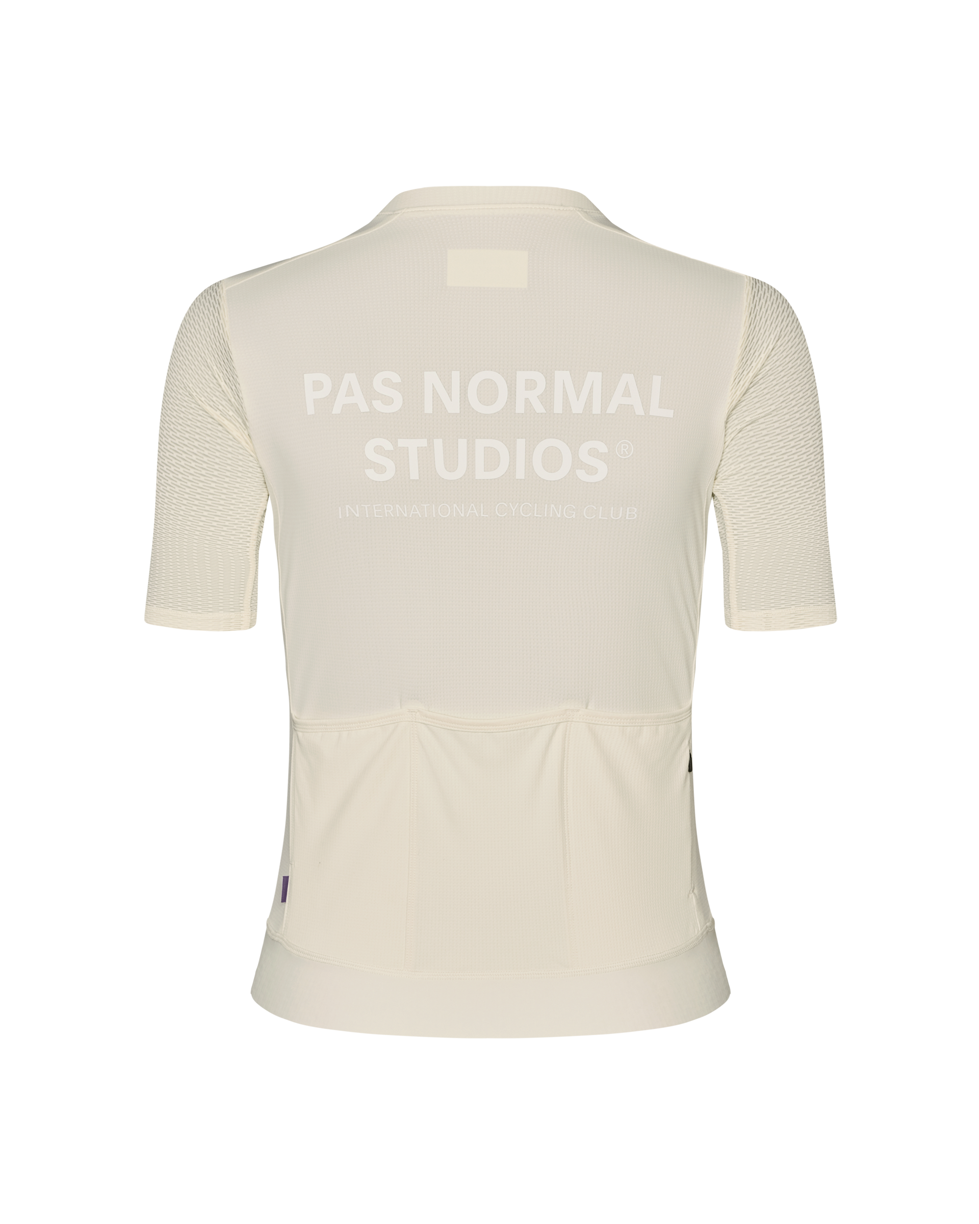 Off White Essential Light cycling jersey, rear view with mesh sleeves and back print