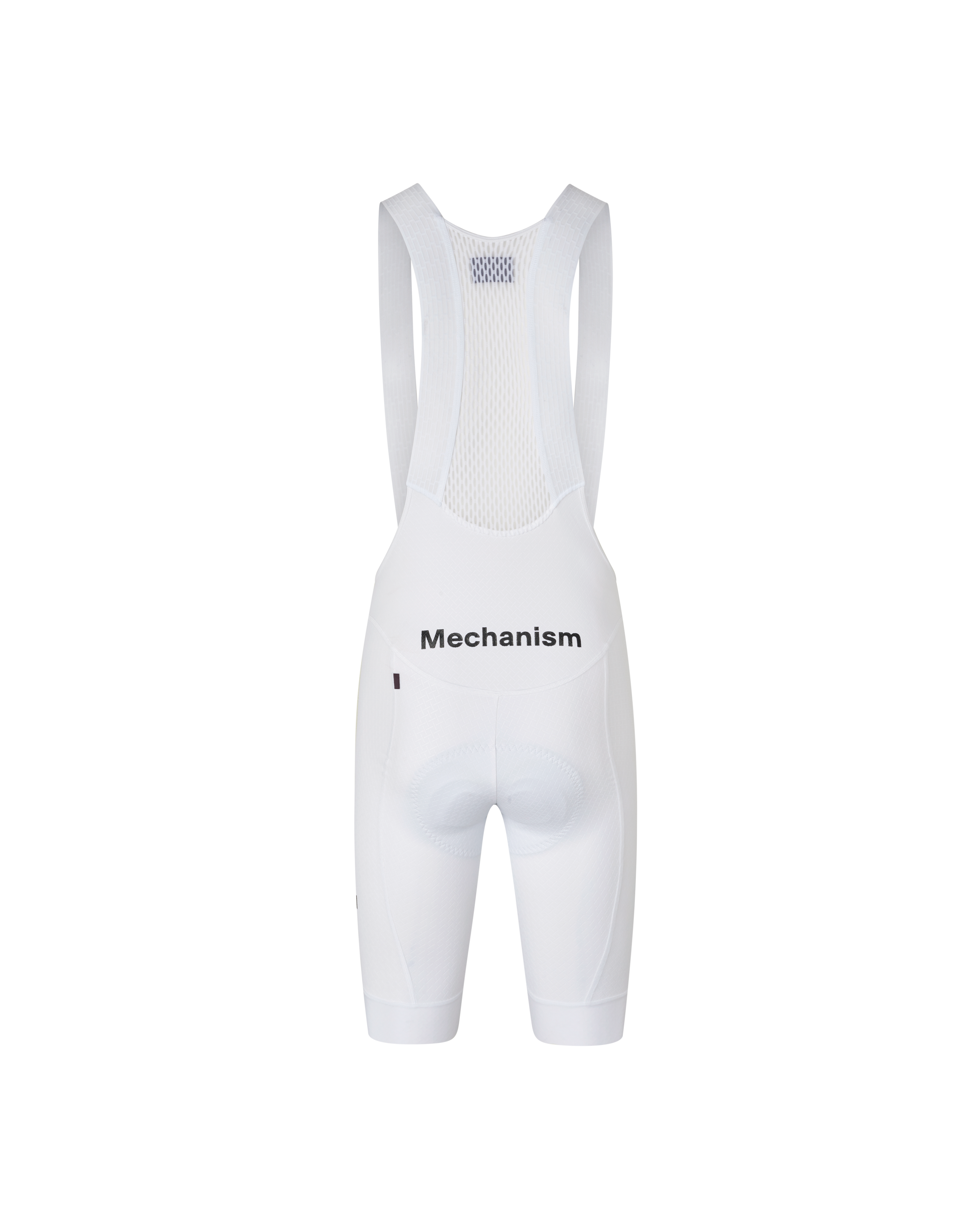White Mechanism cycling bibs, rear flat lay with mesh back panel and black logo