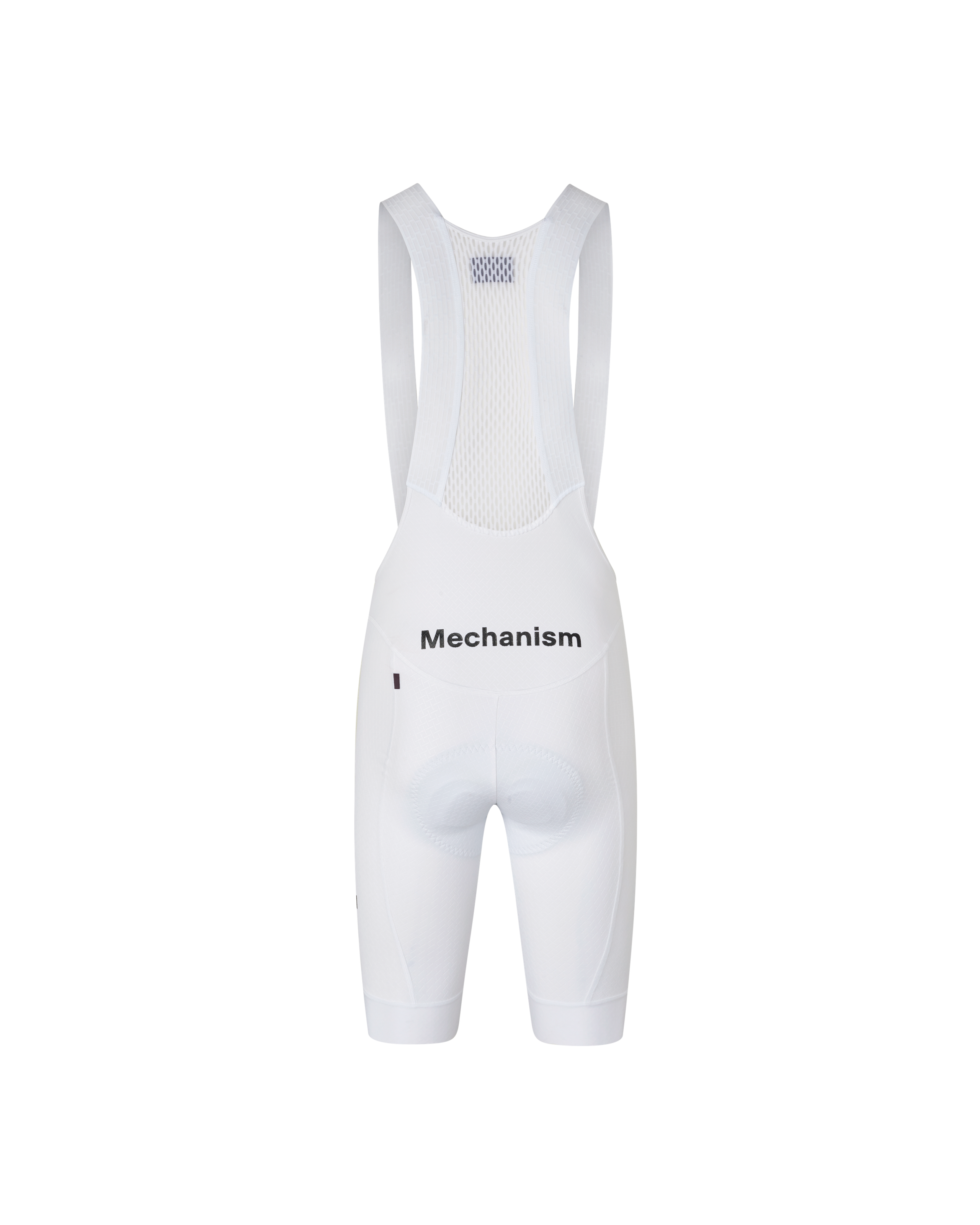 White Mechanism cycling bibs, rear flat lay with mesh back panel and black logo