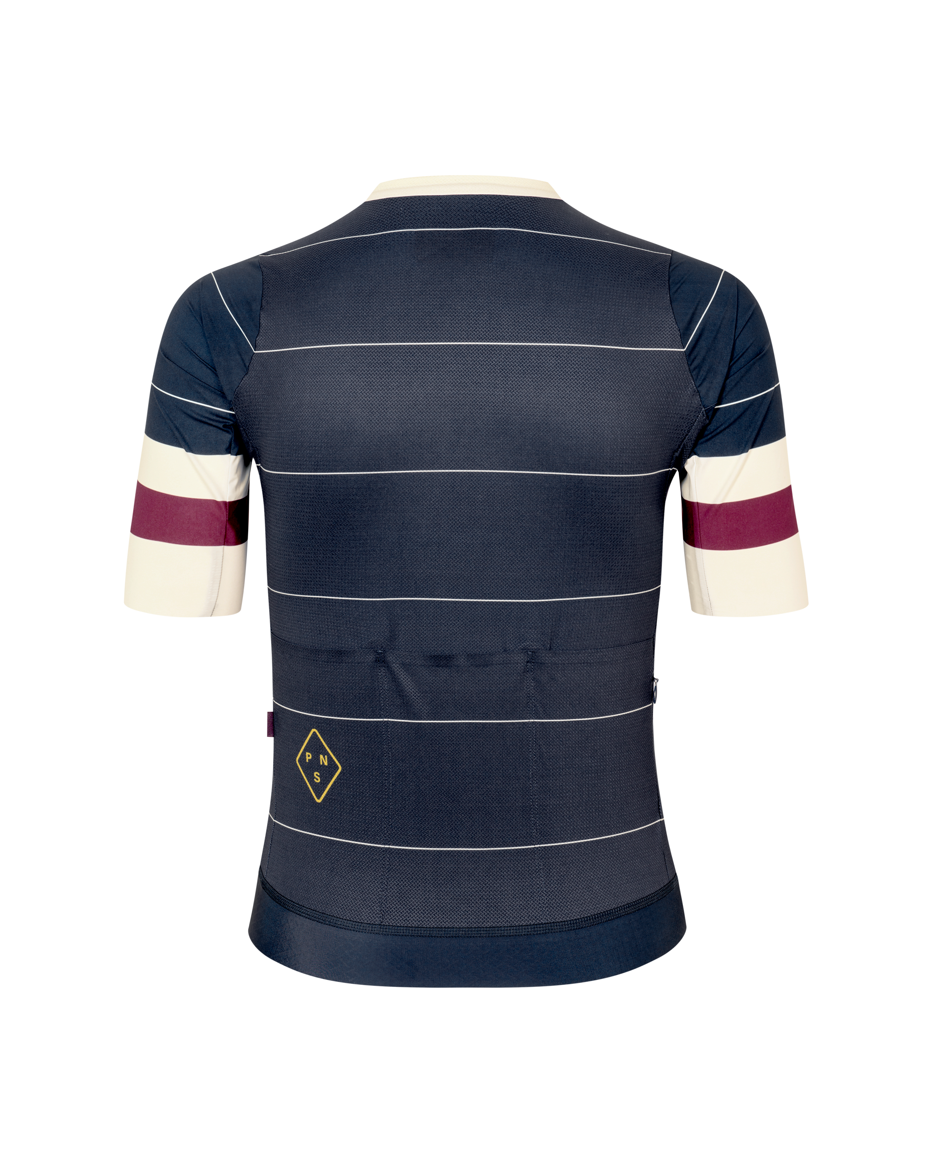 Navy Solitude cycling jersey, rear view with white horizontal stripes and burgundy sleeve bands