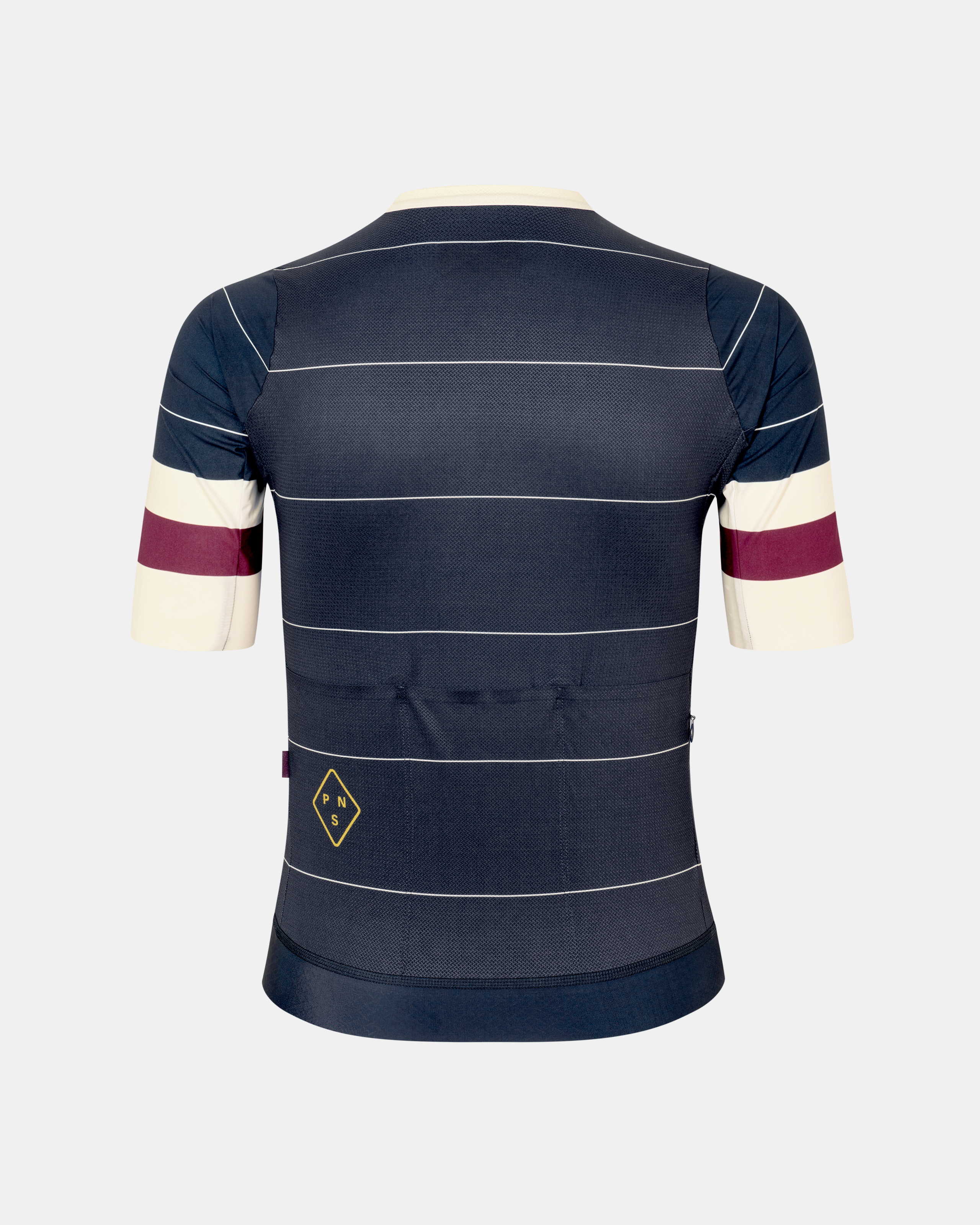 Navy Solitude cycling jersey, rear view with white horizontal stripes and burgundy sleeve bands