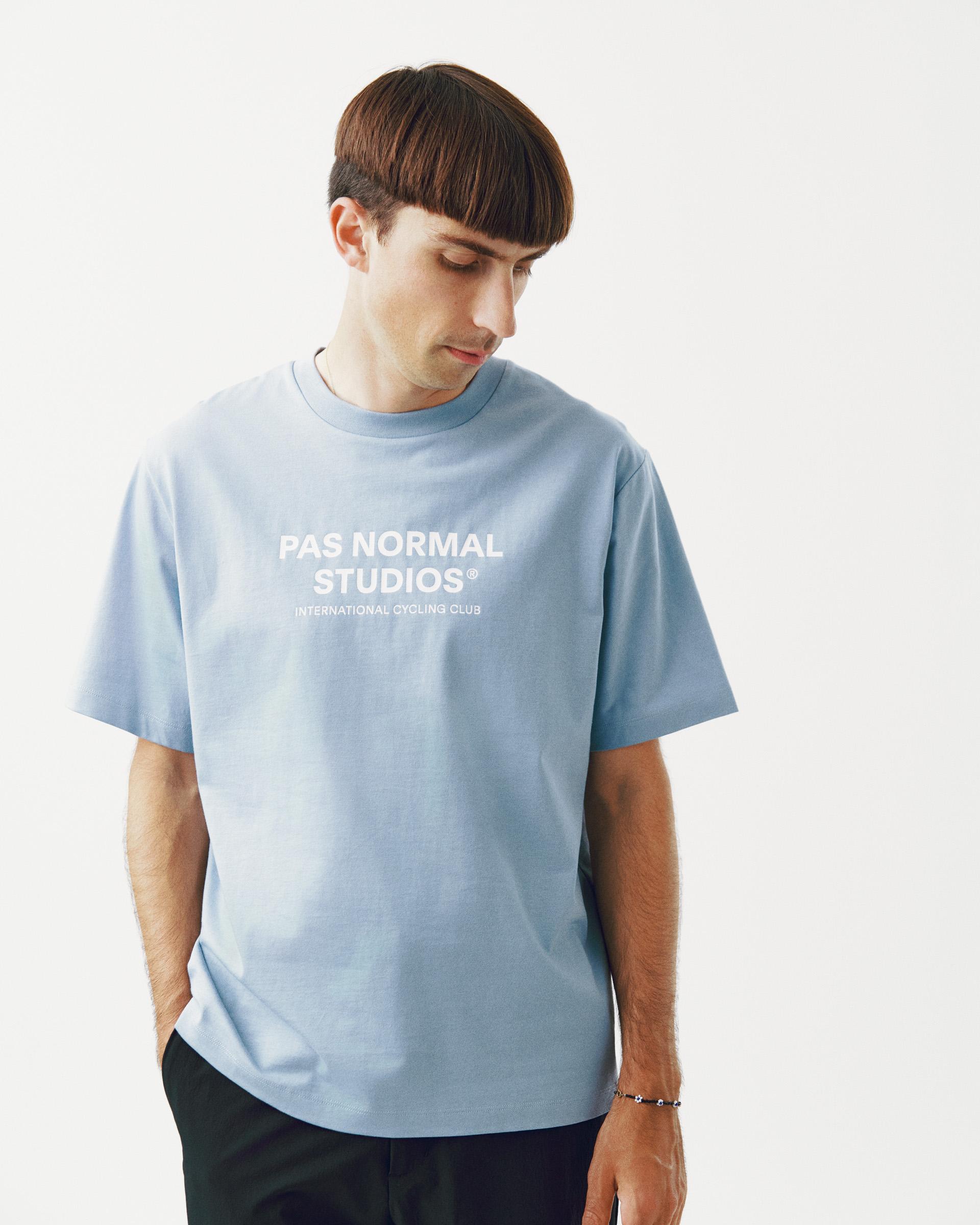 Light Blue Off-Race Logo t-shirt on model with white chest print