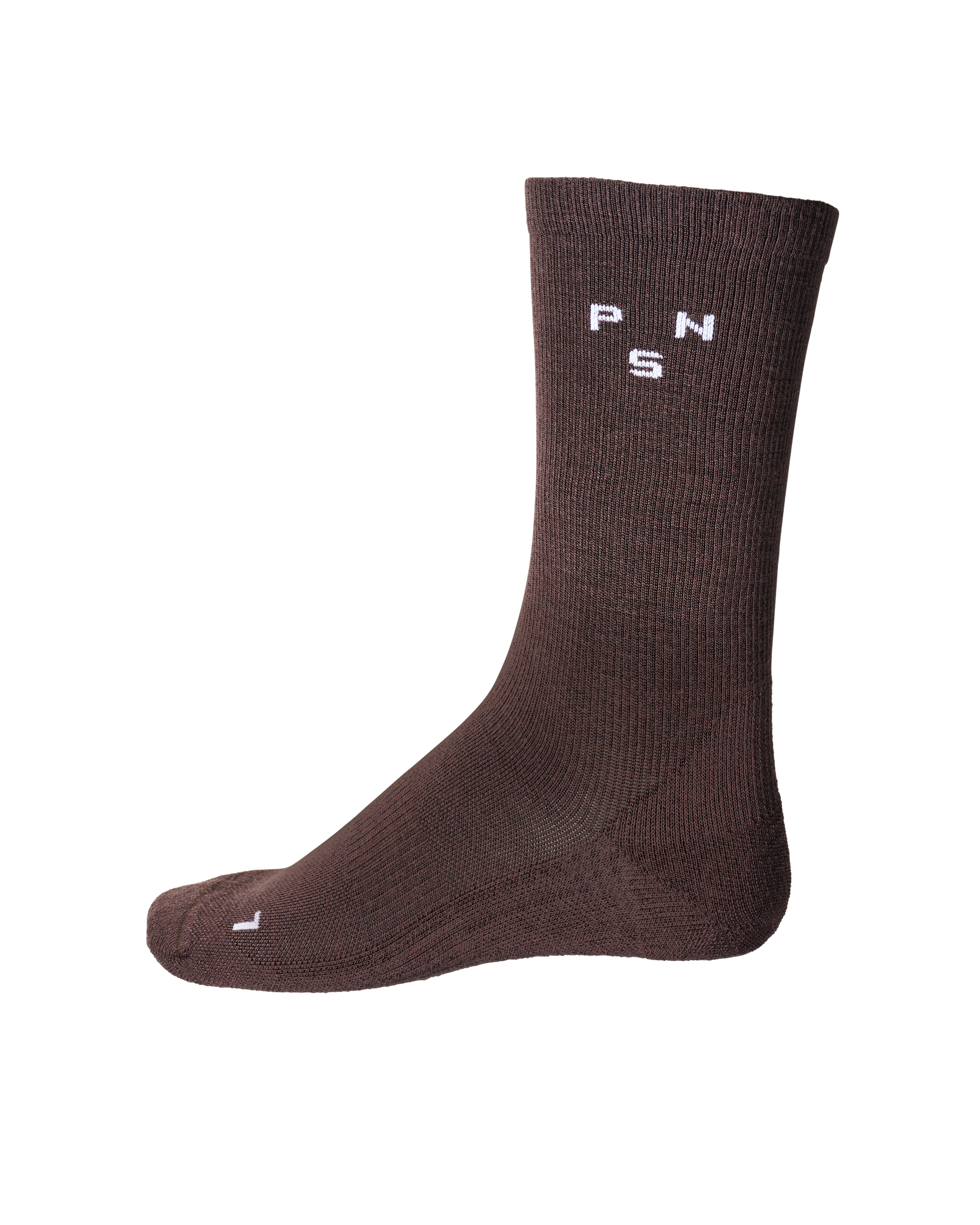 Brown Thermal Wool cycling socks, side view with white logo knit