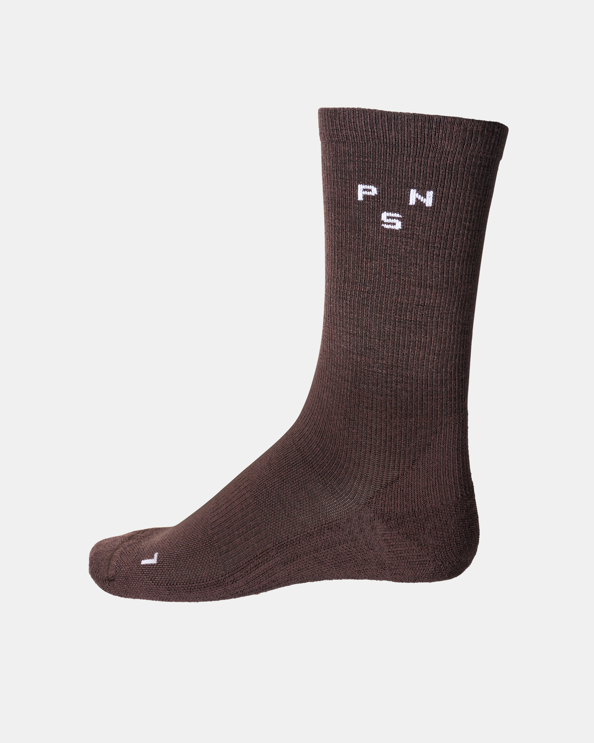Brown Thermal Wool cycling socks, side view with white logo knit