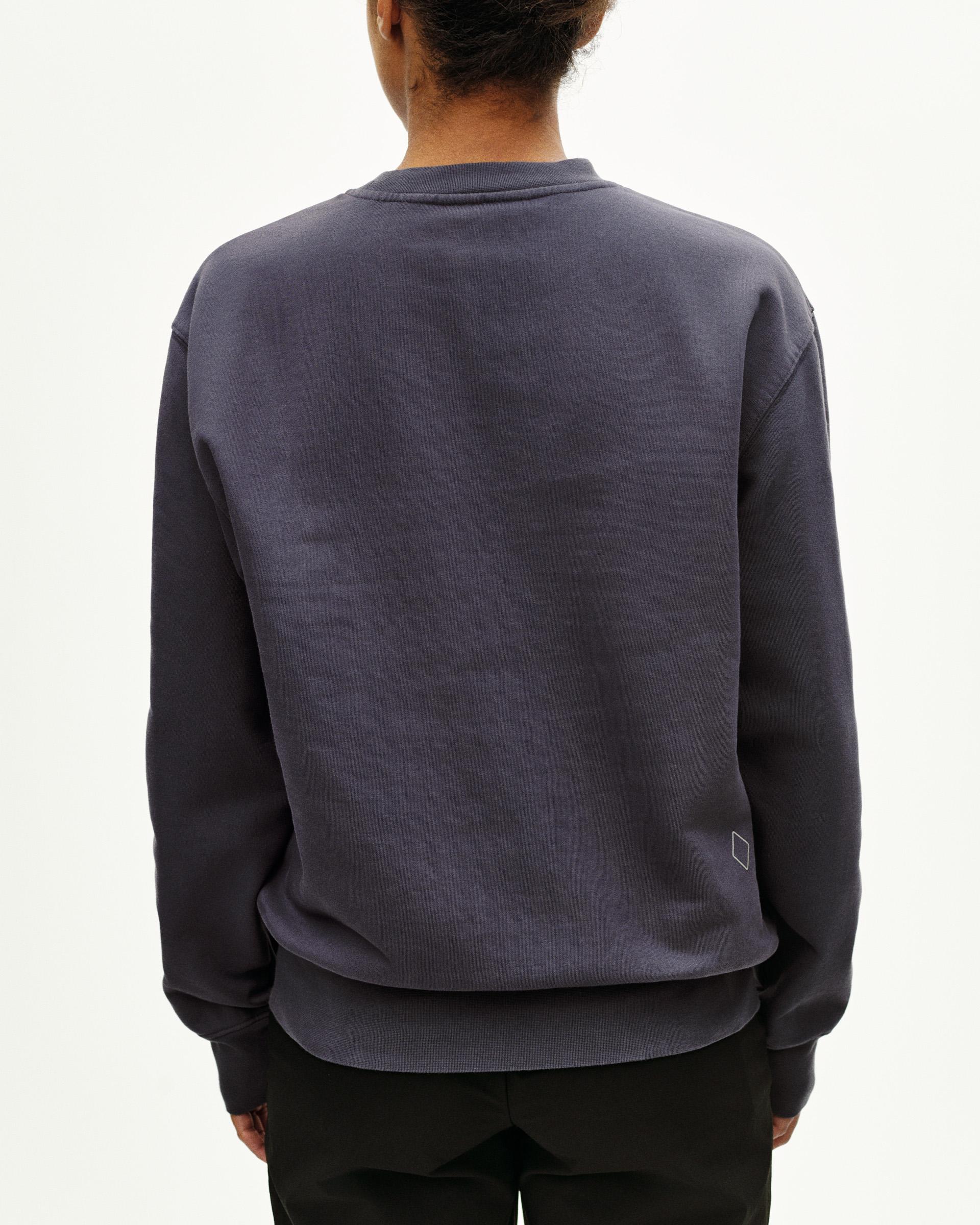 Grey Off-Race sweatshirt, rear view on model with ribbed collar and cuffs