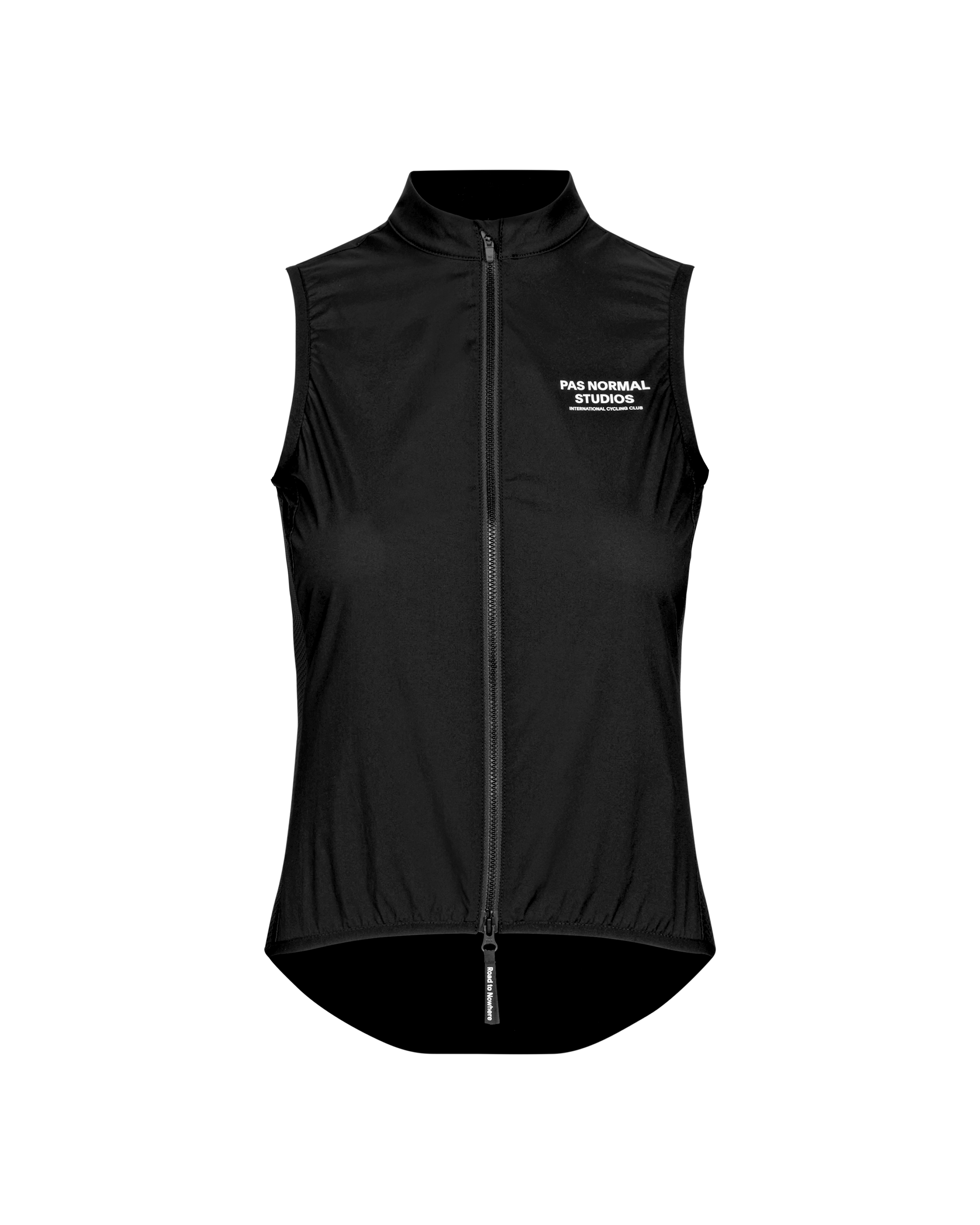 Black Mechanism Stow Away cycling gilet, front view with full zip and white chest logo