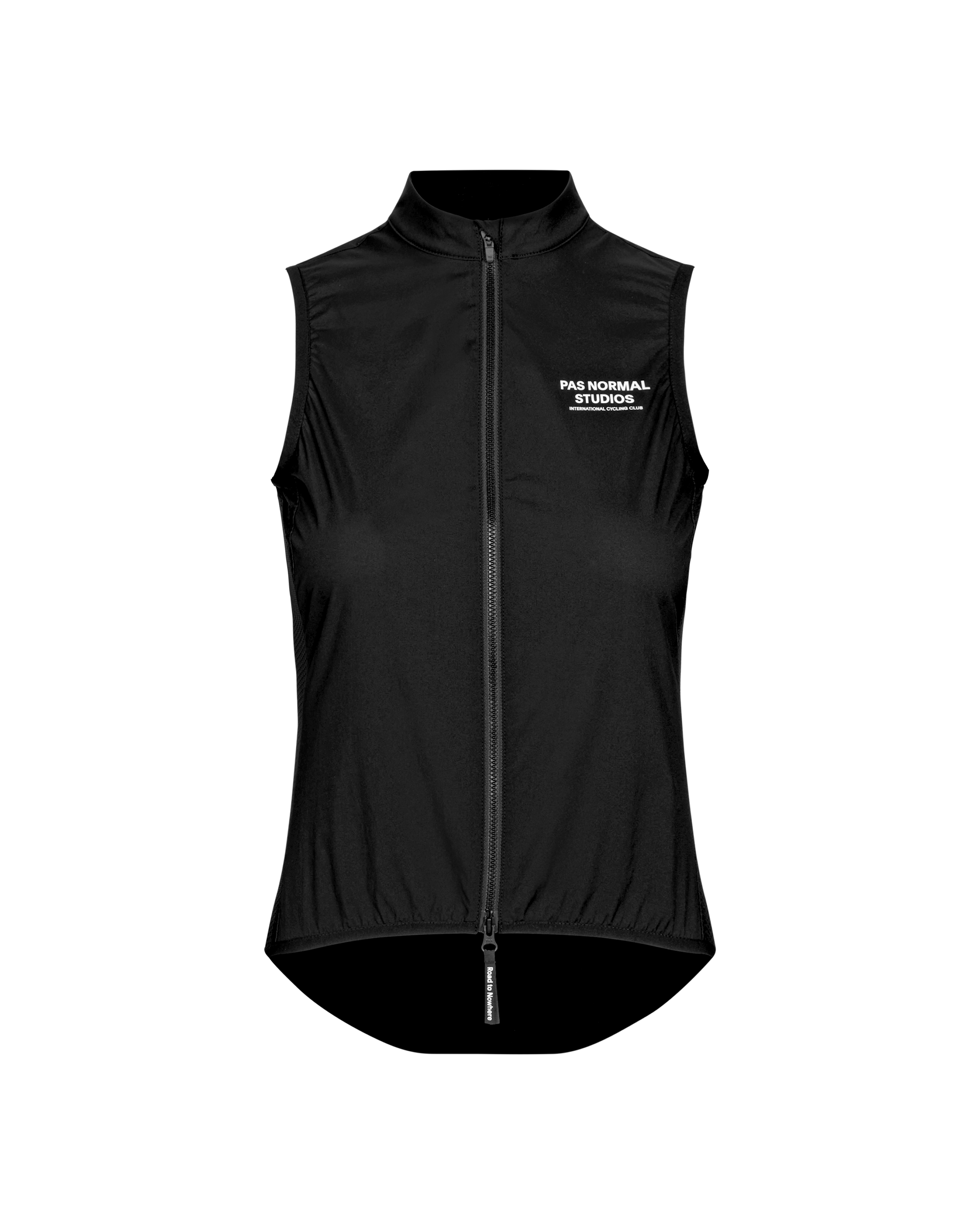 Black Mechanism Stow Away cycling gilet, front view with full zip and white chest logo
