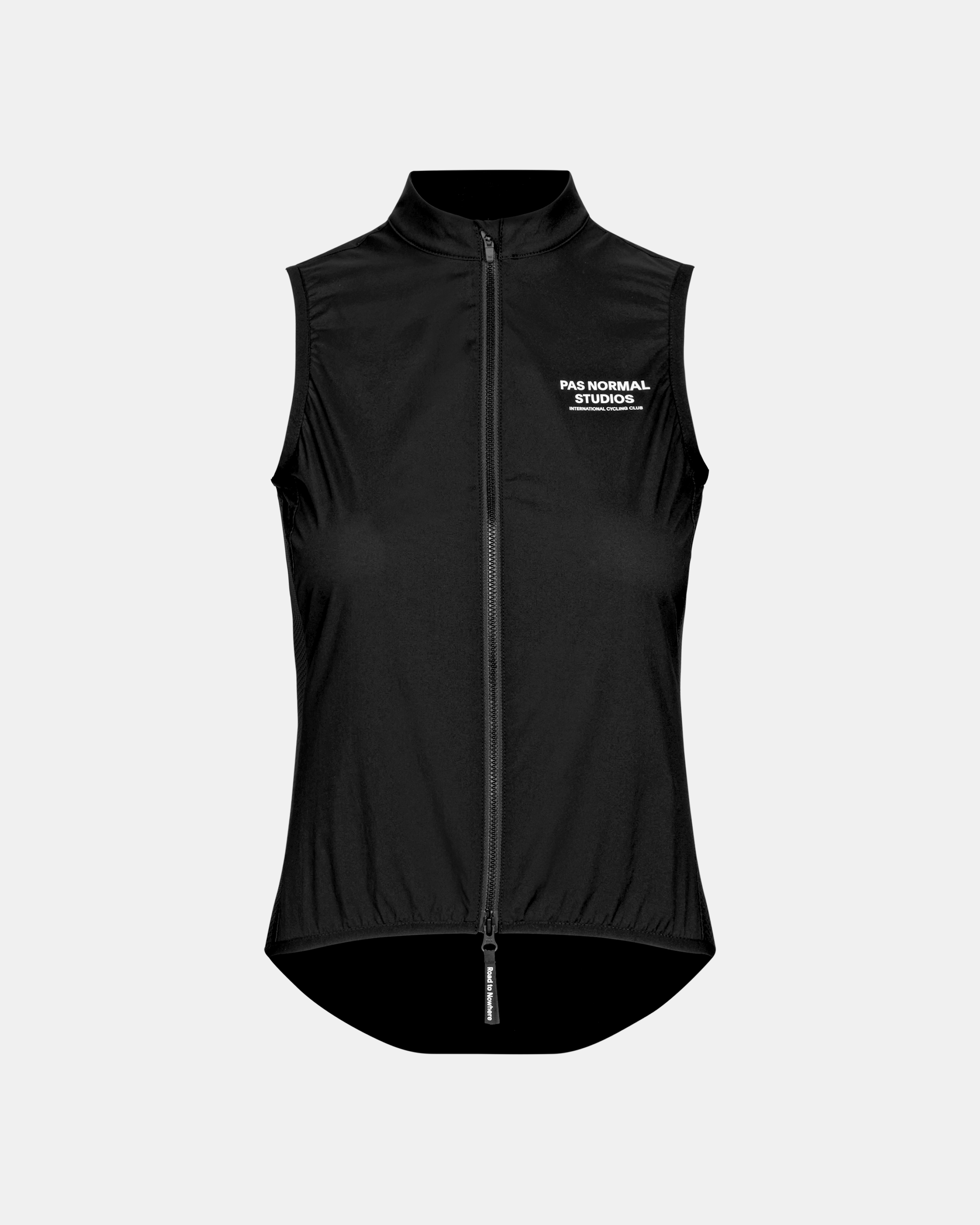 Black Mechanism Stow Away cycling gilet, front view with full zip and white chest logo