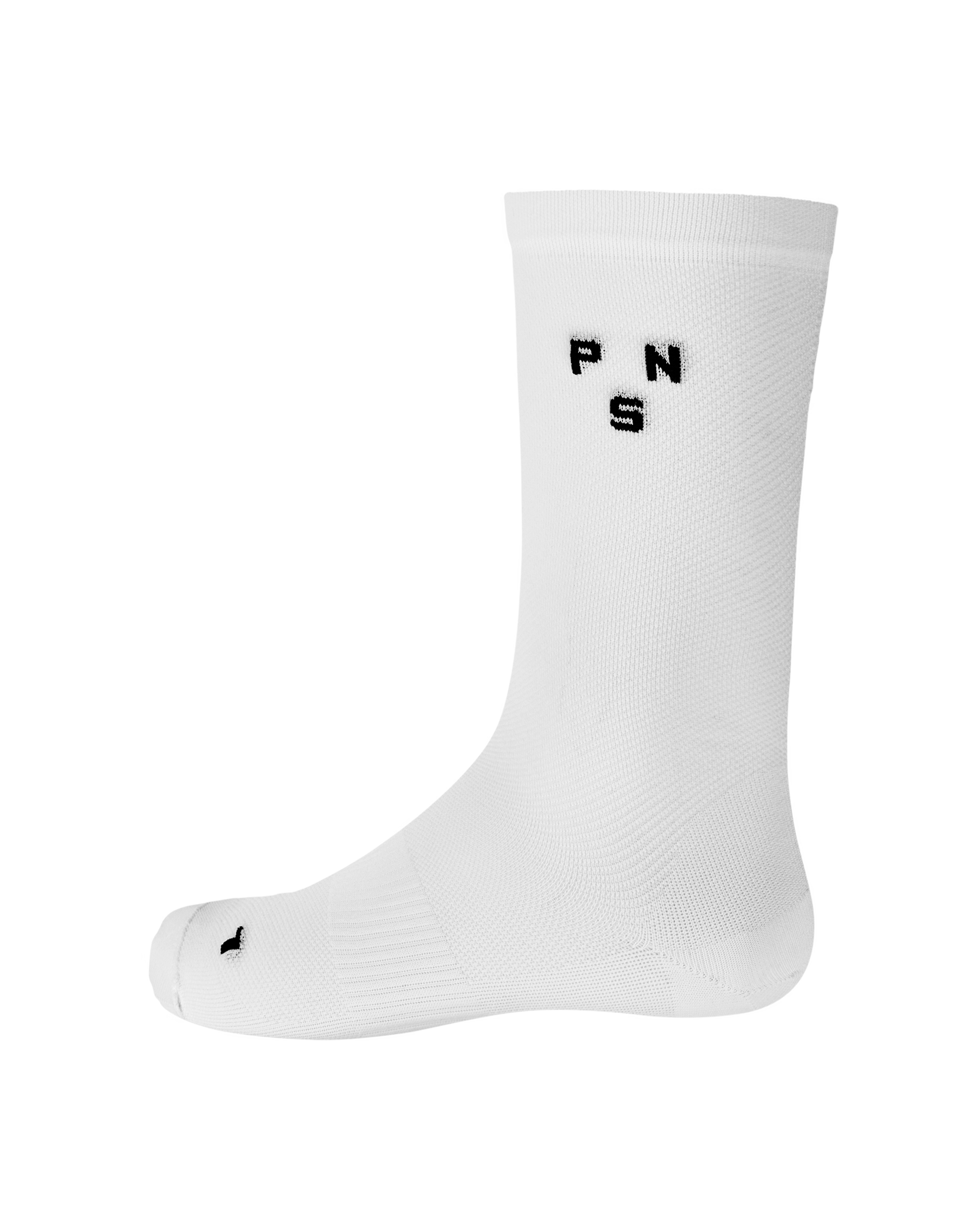 White Essential cycling socks with black PNS lettering and logo detail