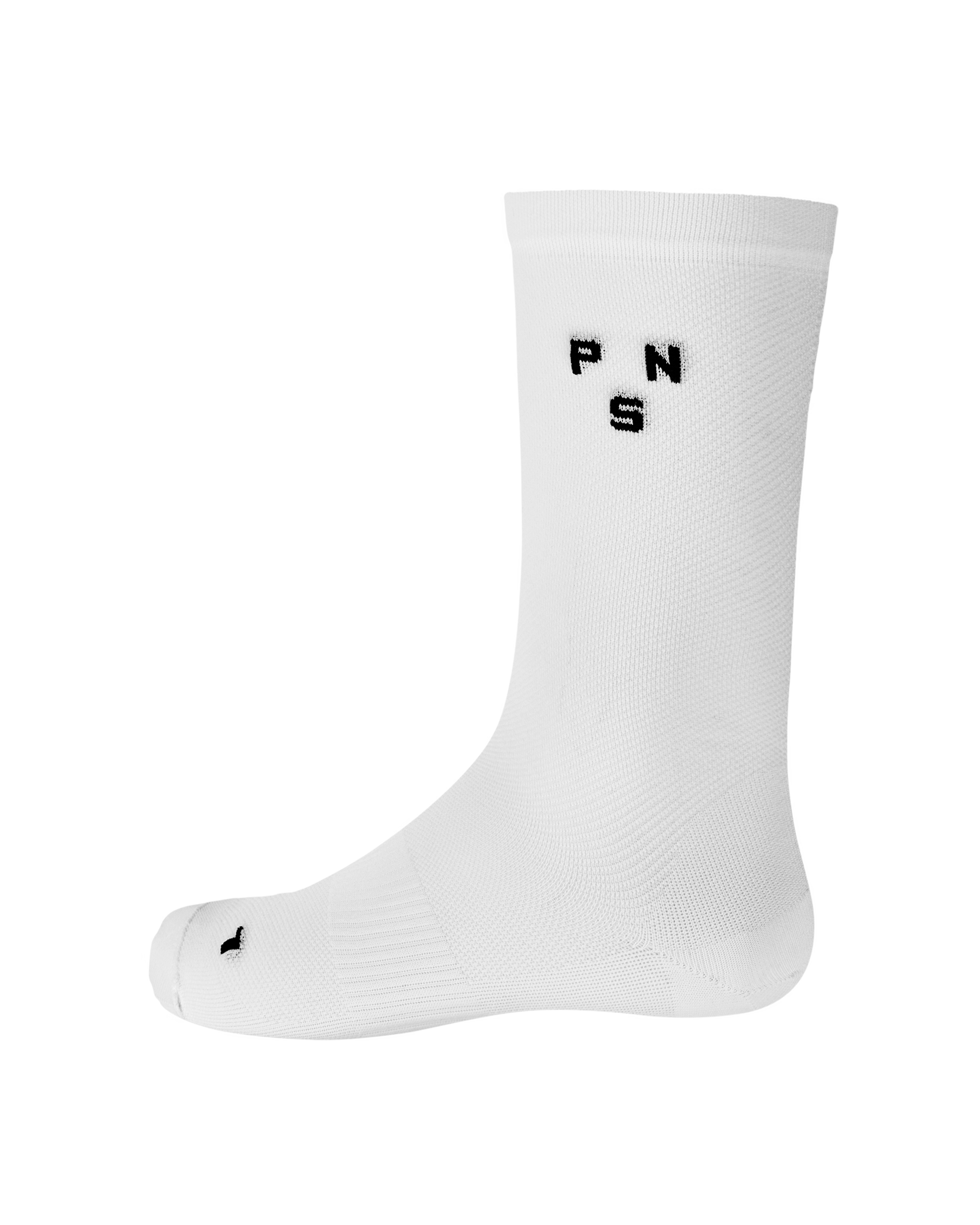 White Essential cycling socks with black PNS lettering and logo detail