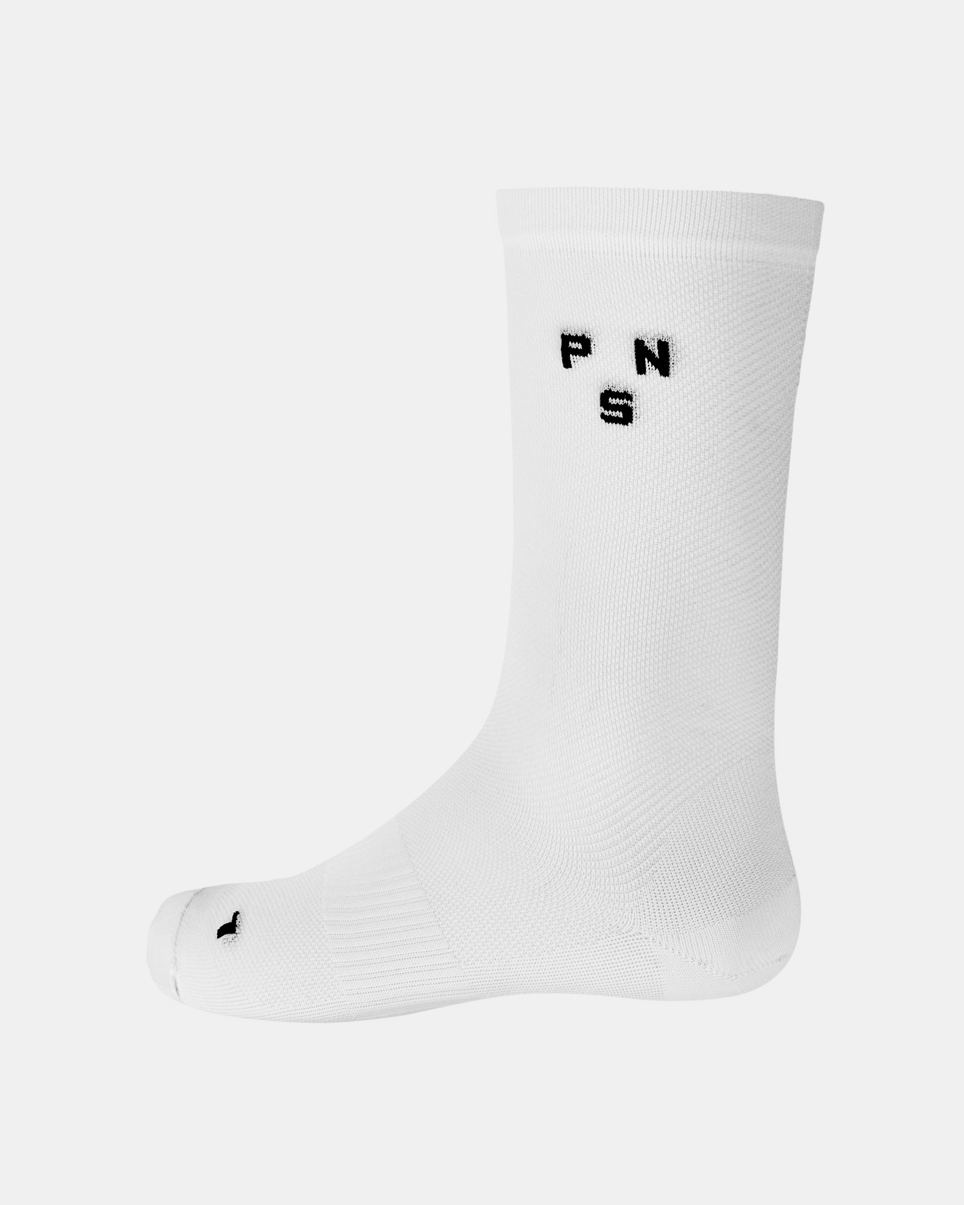 White Essential cycling socks with black PNS lettering and logo detail