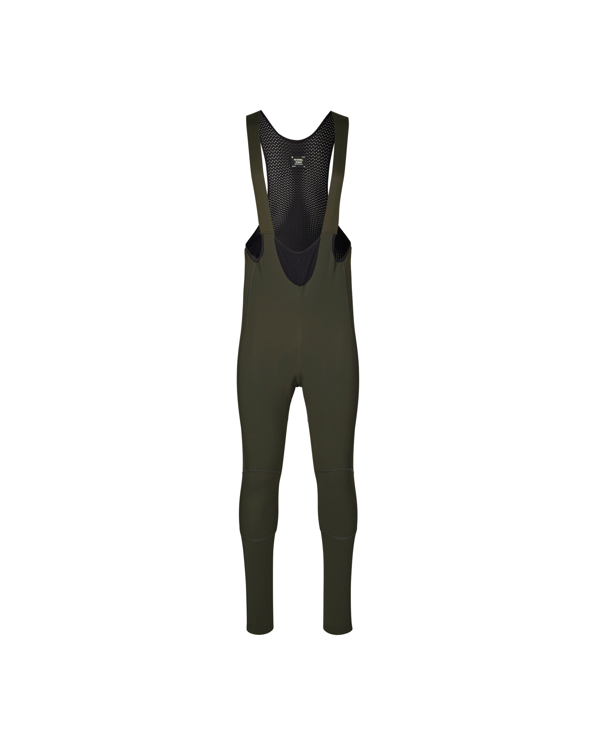 Dark Olive Mechanism Deep Winter Long cycling bibs, front flat lay with mesh bib straps